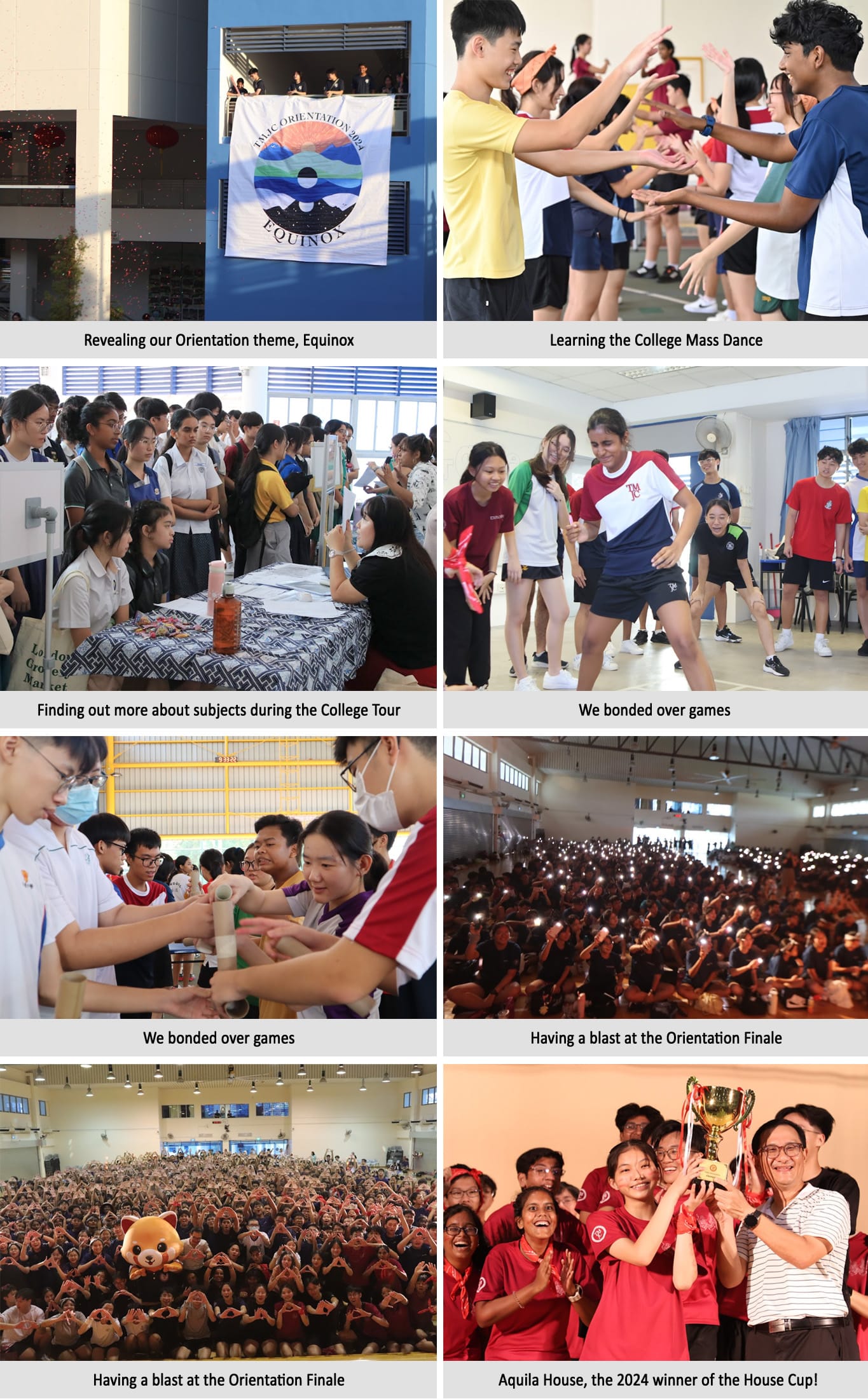 Eight-photo collage of a school orientation event showing activities, games, mass dance, and Aquila House winning the 2024 House Cup.