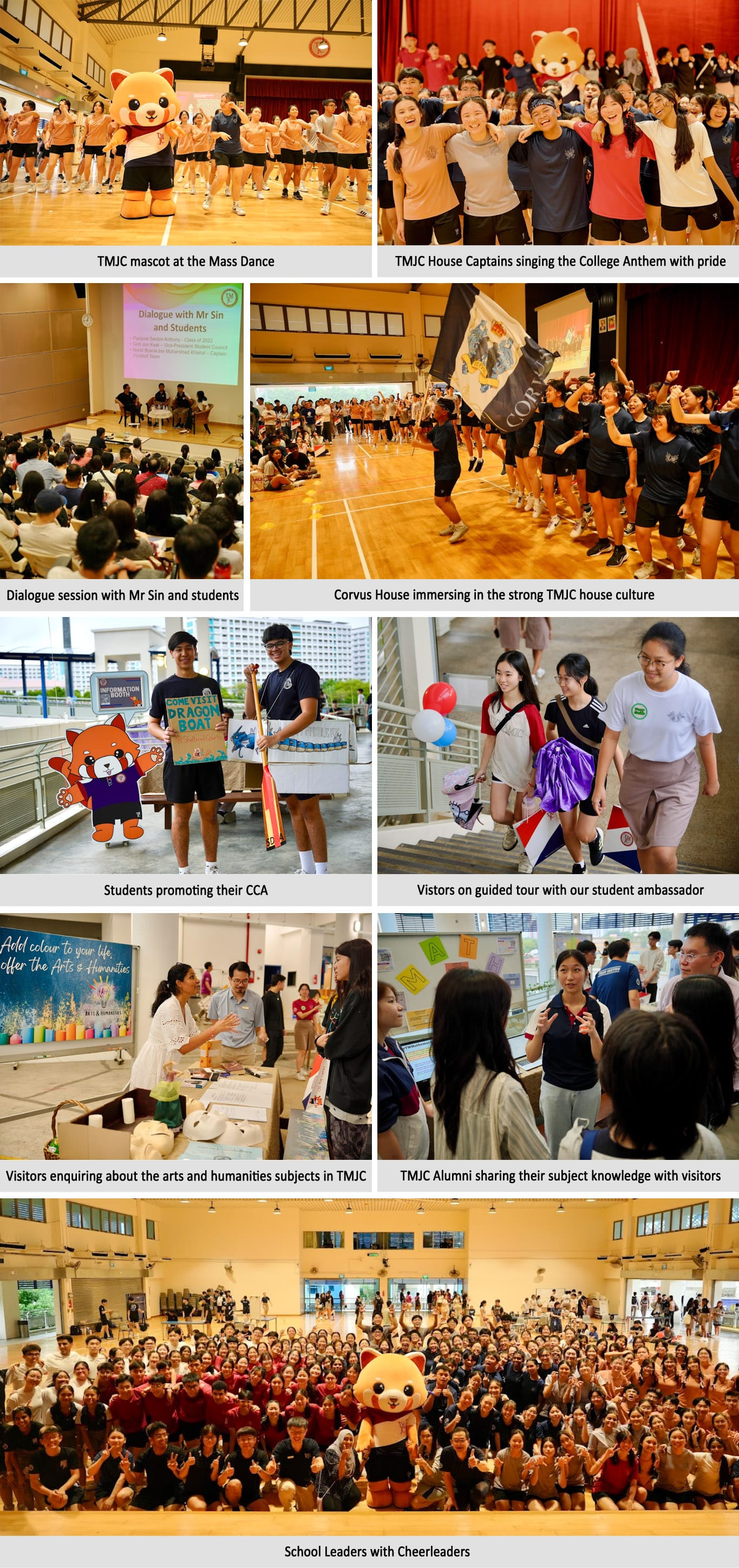 A collage of nine TMJC school event photos showing students dancing, cheering, in dialogue sessions, and group gatherings.