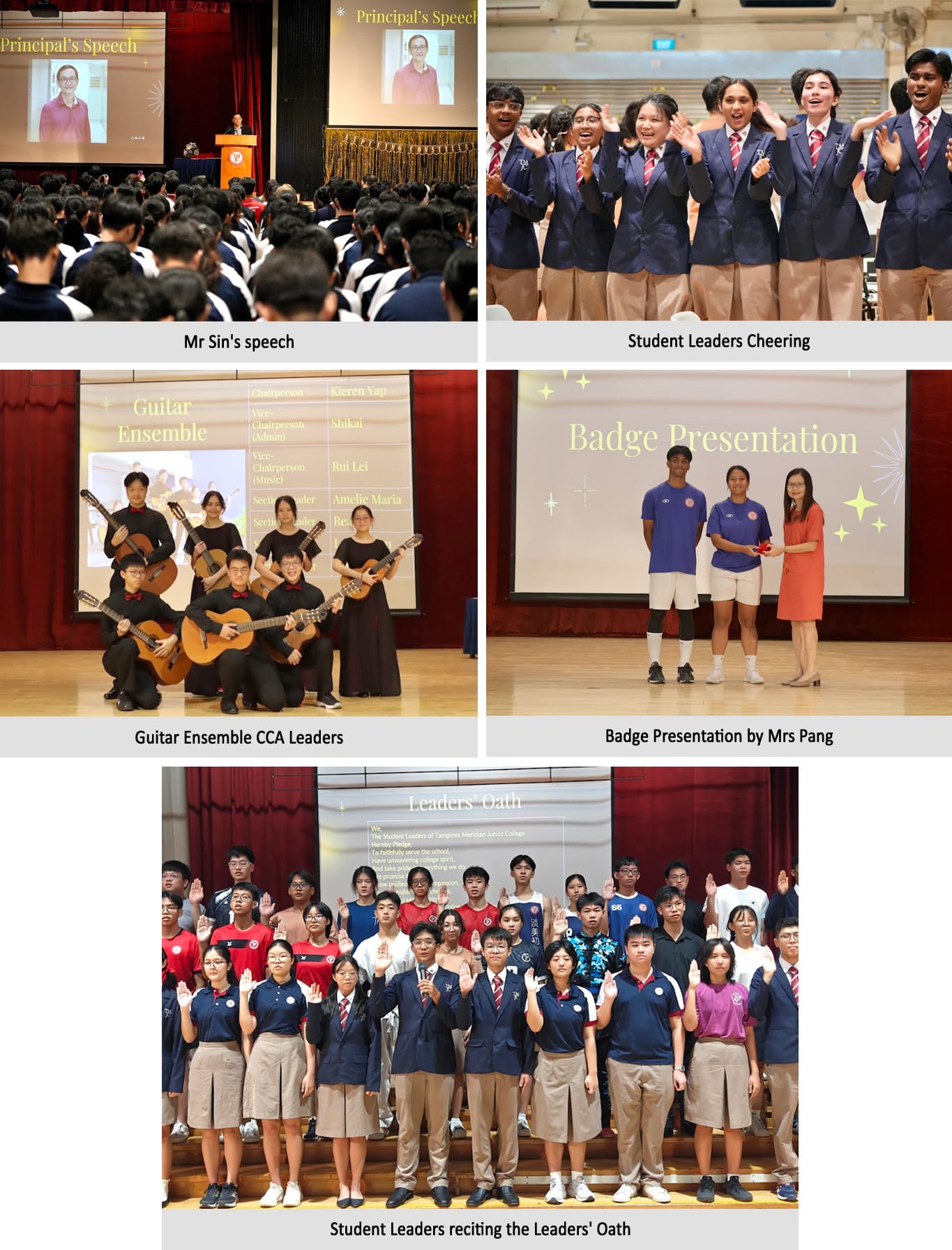 Five school event photos showing a principal's speech, cheering students, guitar ensemble, badge presentation, and leaders' oath ceremony.