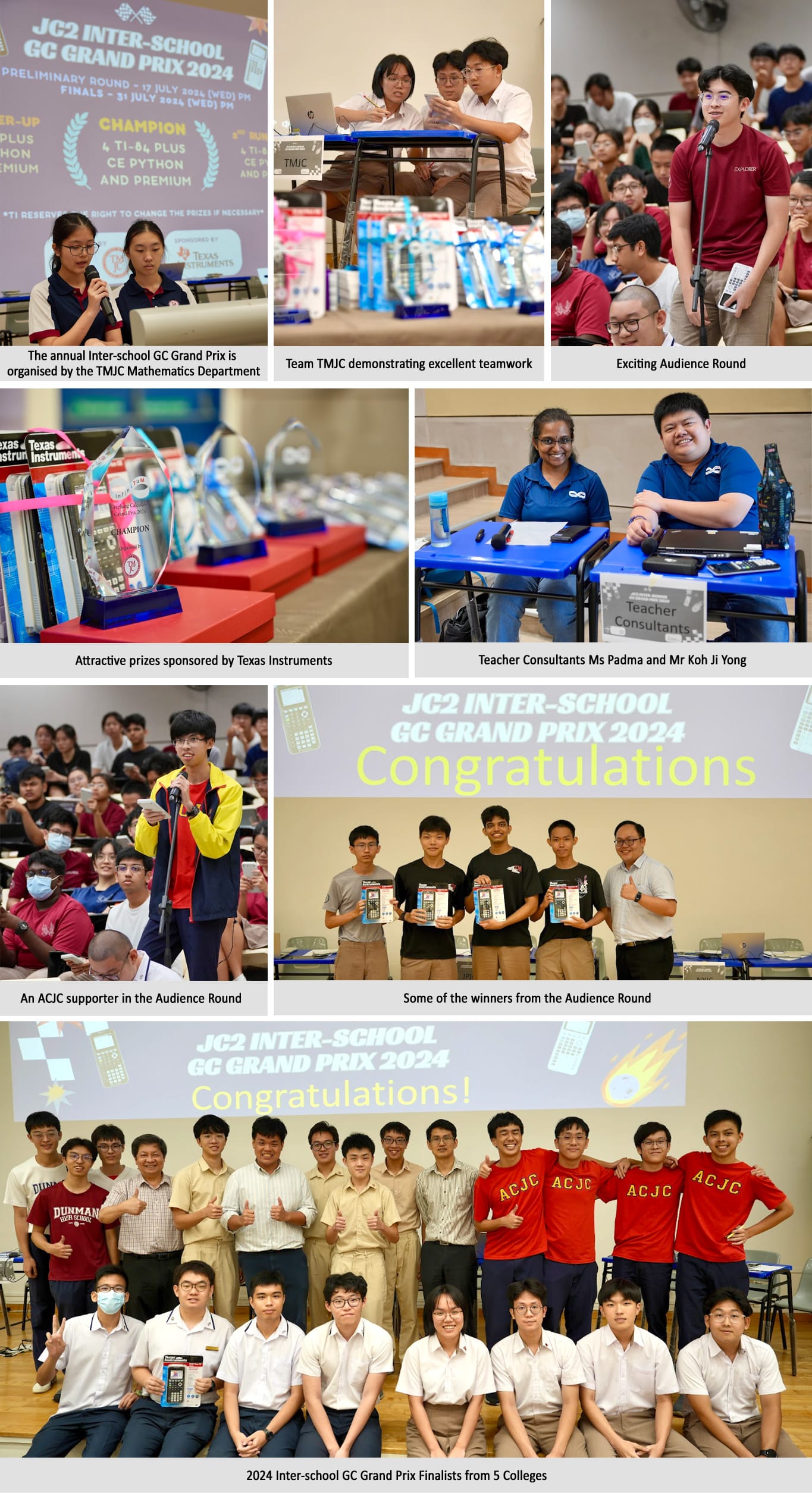 Collage of photos from the JC2 Inter-School GC Grand Prix 2024 event, showing students, prizes, and winners.
