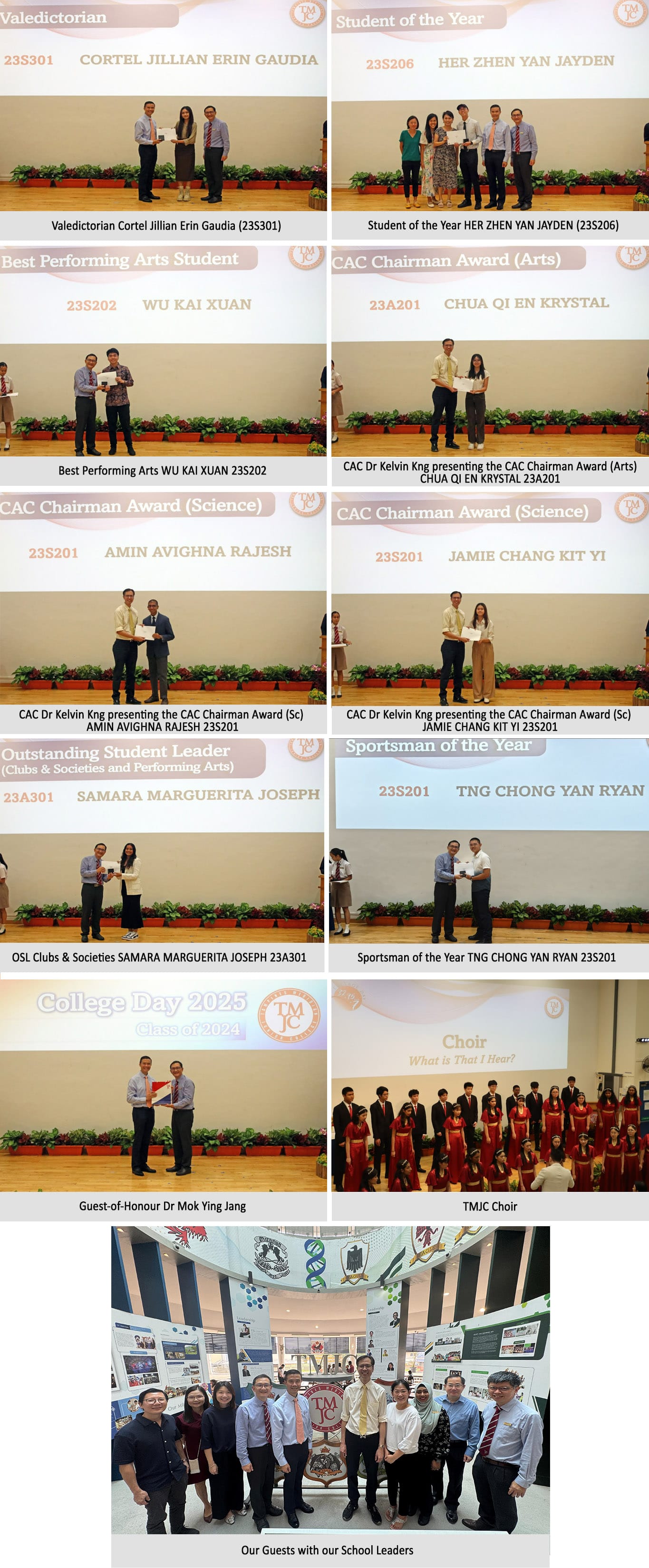 College Day 2025 award ceremony photos showing students receiving prizes, a choir performance, and group photo with school leaders.