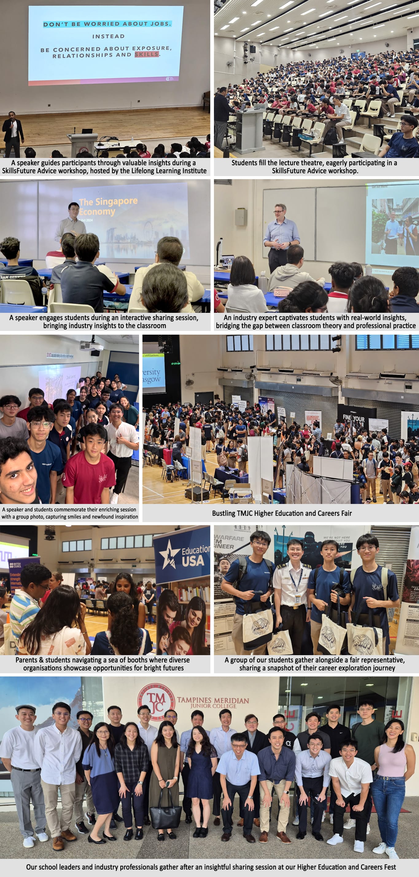 Collage of photos from TMJC Higher Education and Careers Fest showing speakers, packed lecture halls, fair booths, and group photos.