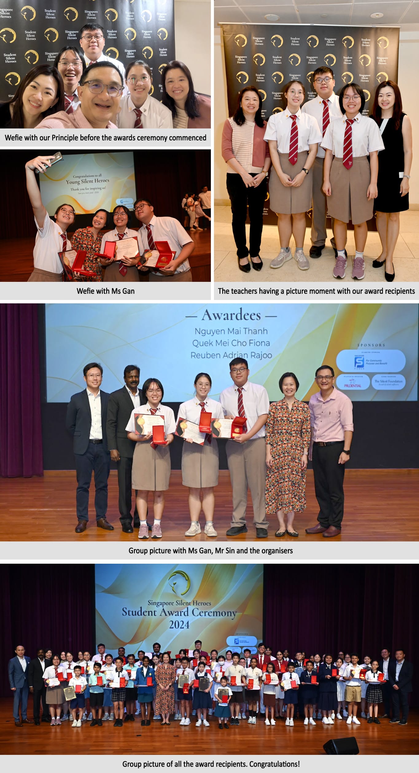 Students and teachers pose with awards at the Singapore Silent Heroes Student Award Ceremony 2024.