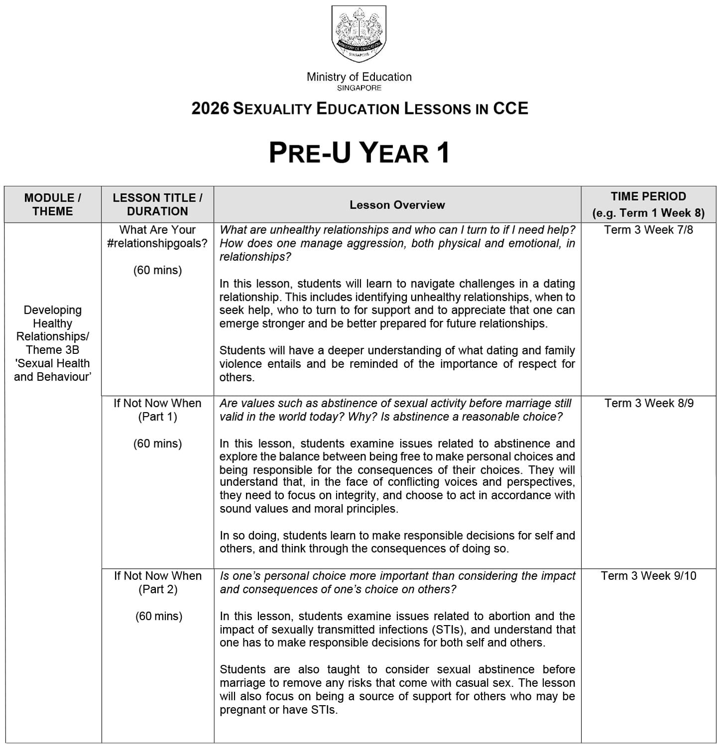 Singapore Ministry of Education table showing 2026 Sexuality Education lessons for Pre-U Year 1 with overviews.