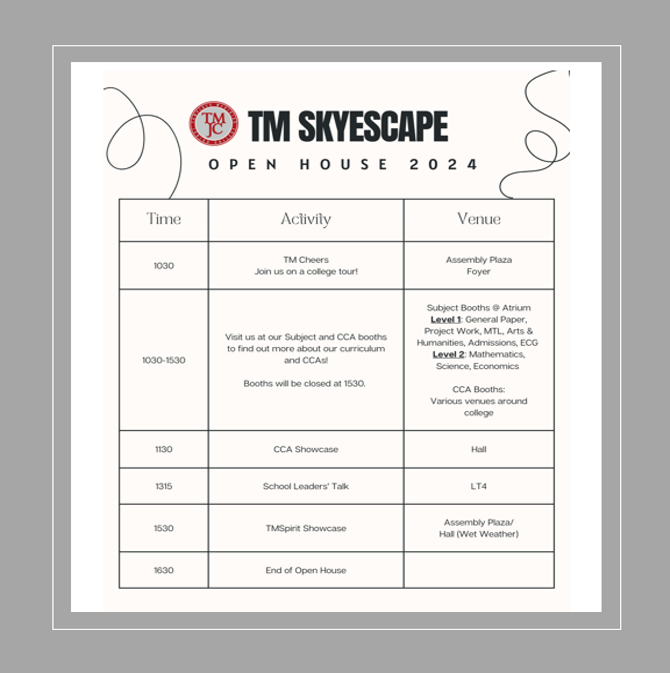 TM Skyescape Open House 2024 schedule listing activities, times from 1030 to 1630, and venue locations.