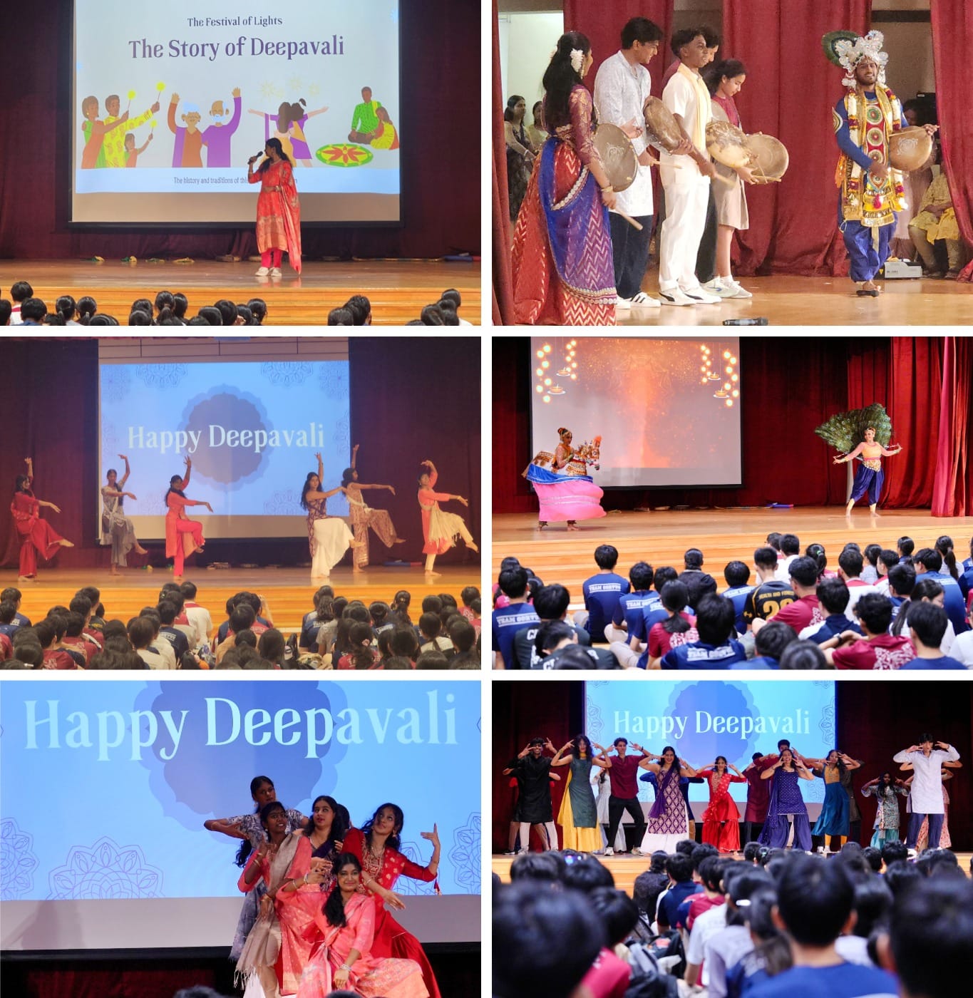 Six photos of a school Deepavali celebration with dancers, drummers, and performers on stage before a seated audience.