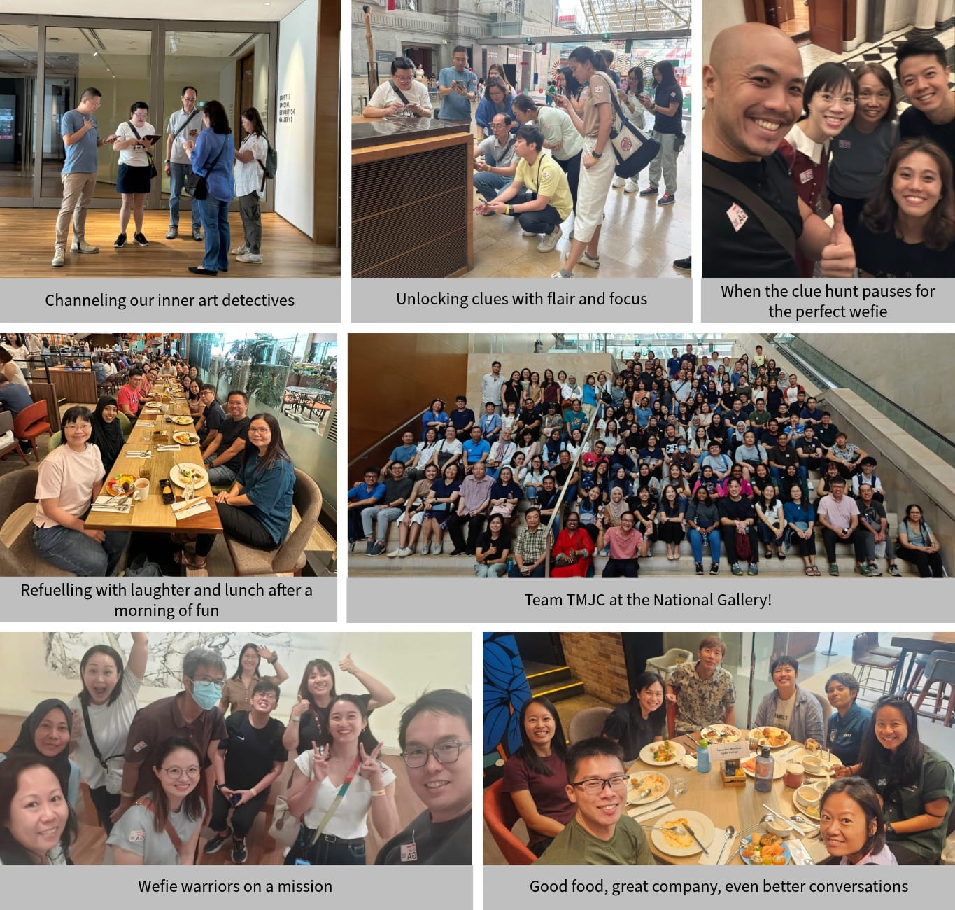 Seven photos of a large group event at the National Gallery, showing people on a clue hunt, group selfies, and lunch.