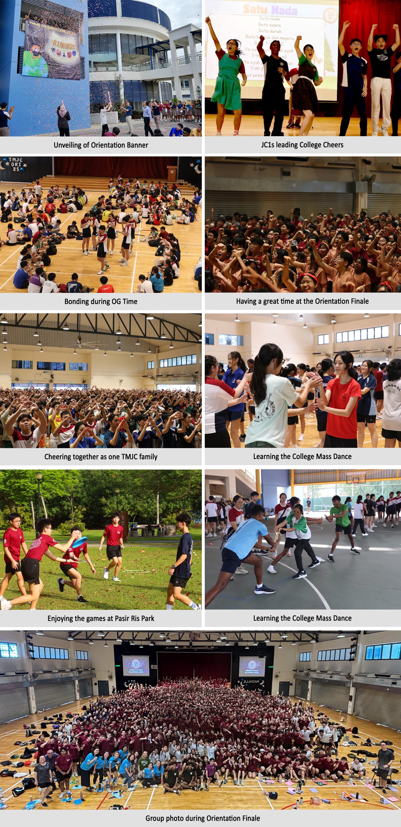 Collage of TMJC orientation 2025 events showing students cheering, dancing, playing games, and posing for a group photo.