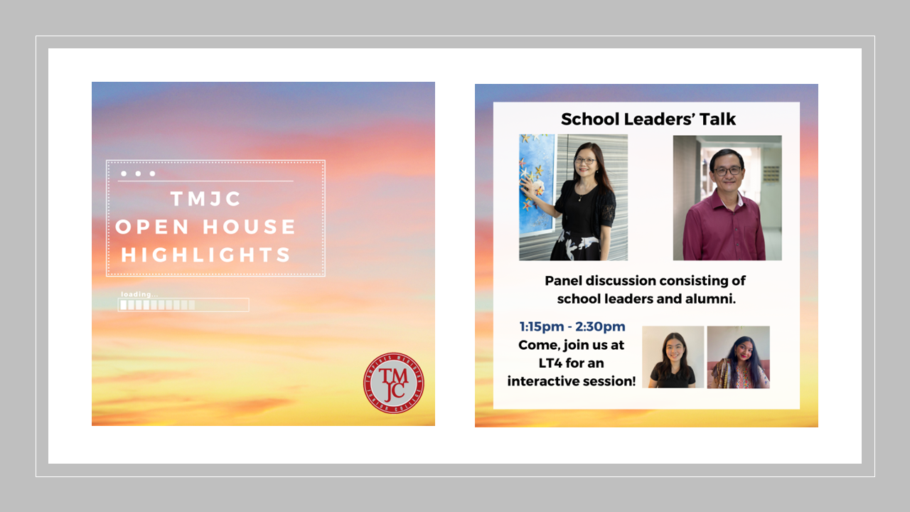 Two promotional slides for TMJC Open House, featuring a School Leaders' Talk panel with four participants' photos.