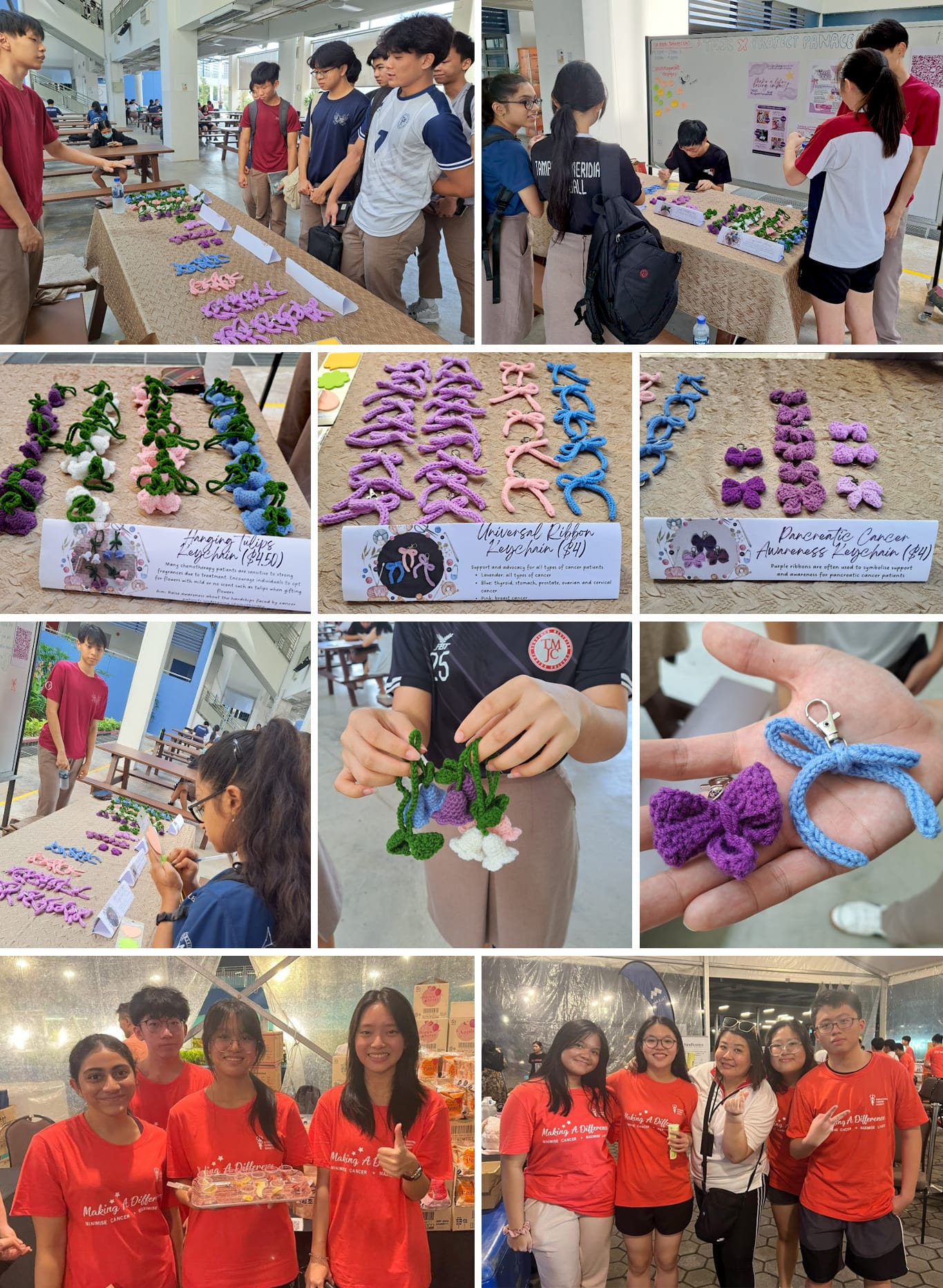 Students in red shirts sell handmade crocheted cancer awareness keychains and ribbons at a charity fundraiser booth.