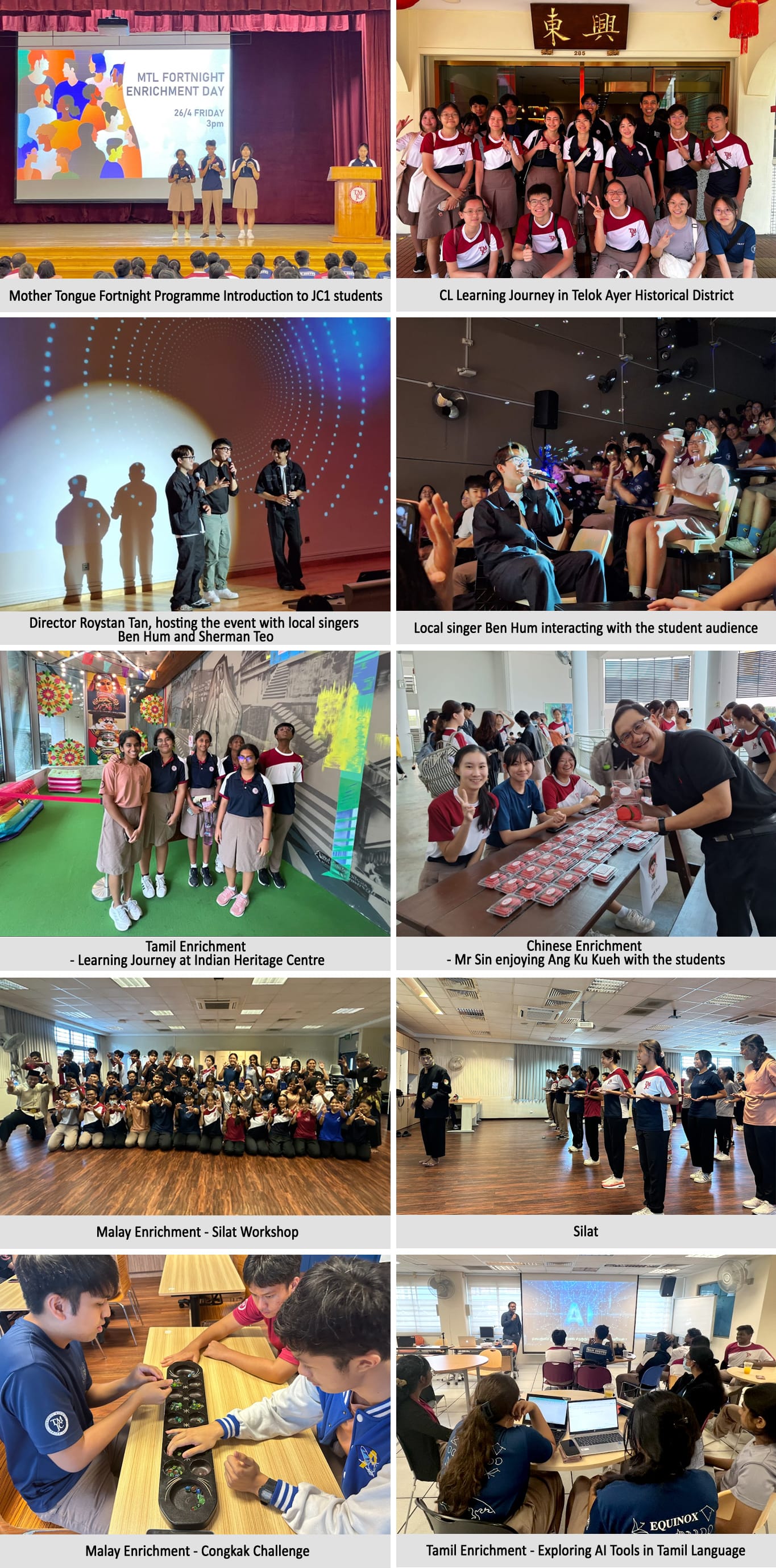 Ten-panel collage showing students at Mother Tongue Fortnight enrichment activities including performances, workshops, and learning journeys.