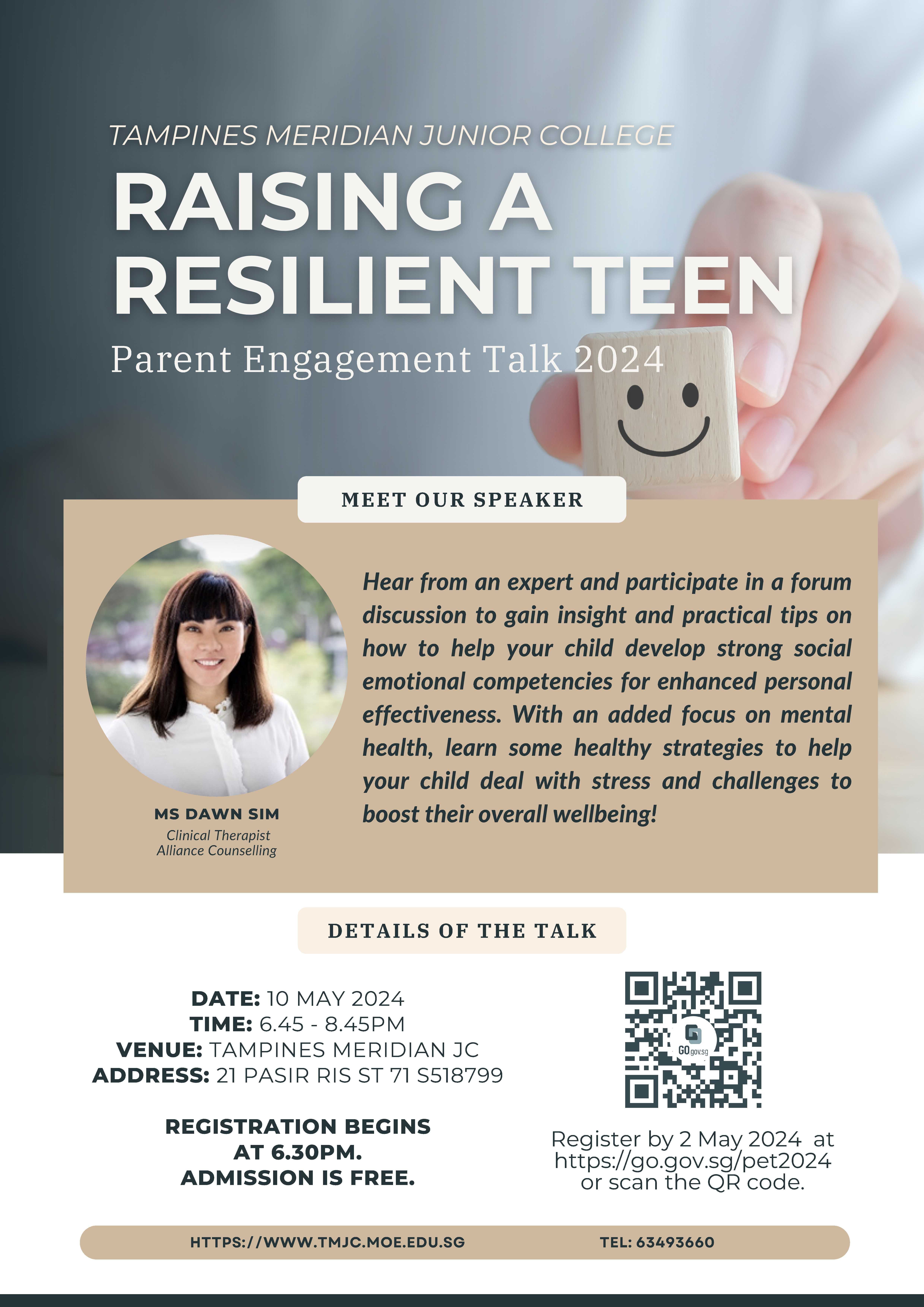 Flyer for Tampines Meridian Junior College Raising a Resilient Teen Parent Engagement Talk on 10 May 2024.