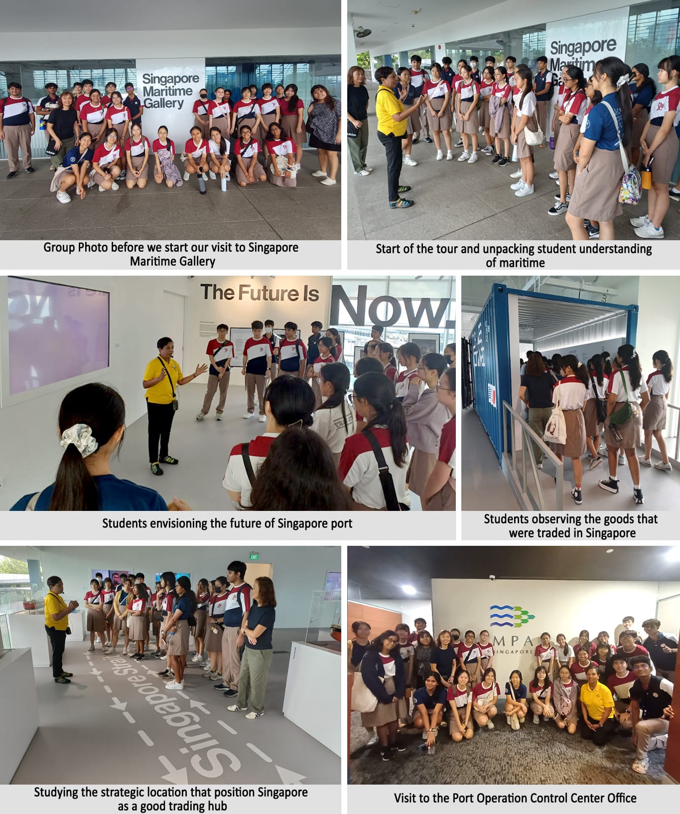 Students on a school field trip to Singapore Maritime Gallery, shown in six photos of group activities and tours.