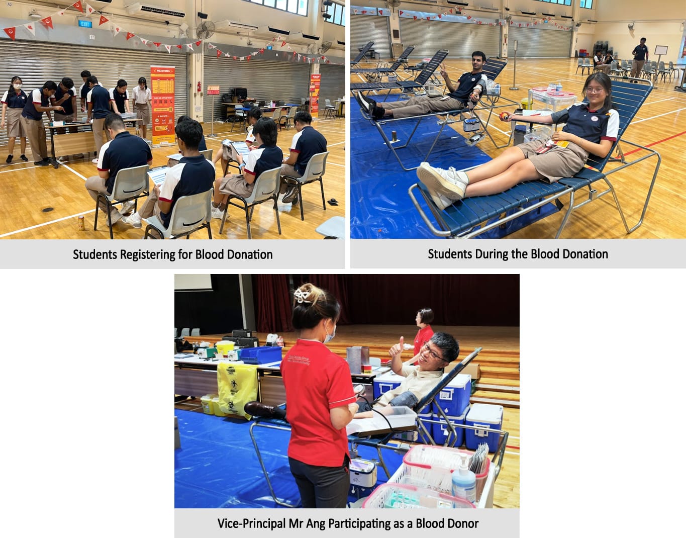 Three photos of a school blood donation event showing students registering, donating blood, and a vice-principal donating.