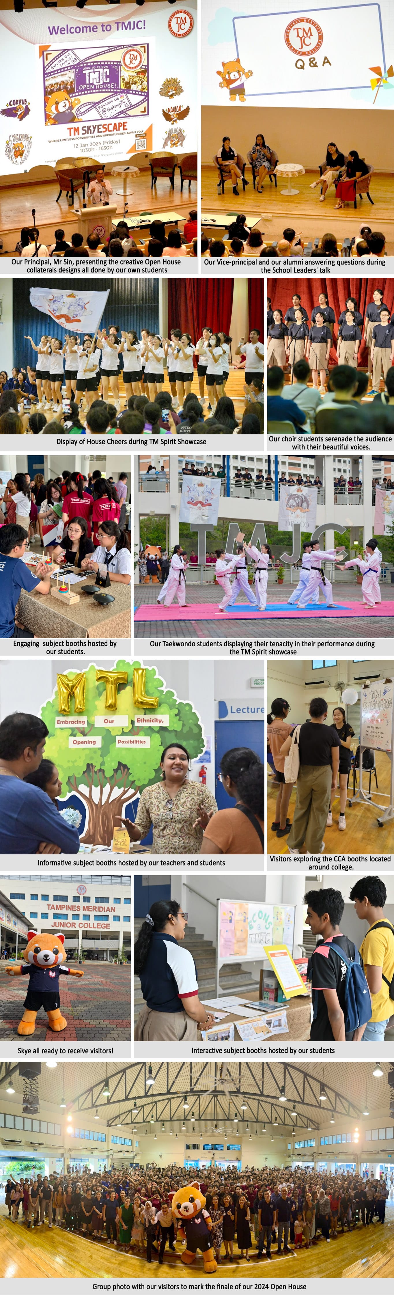 Collage of TMJC Open House 2024 events showing performances, subject booths, taekwondo, choir, and a large group photo.