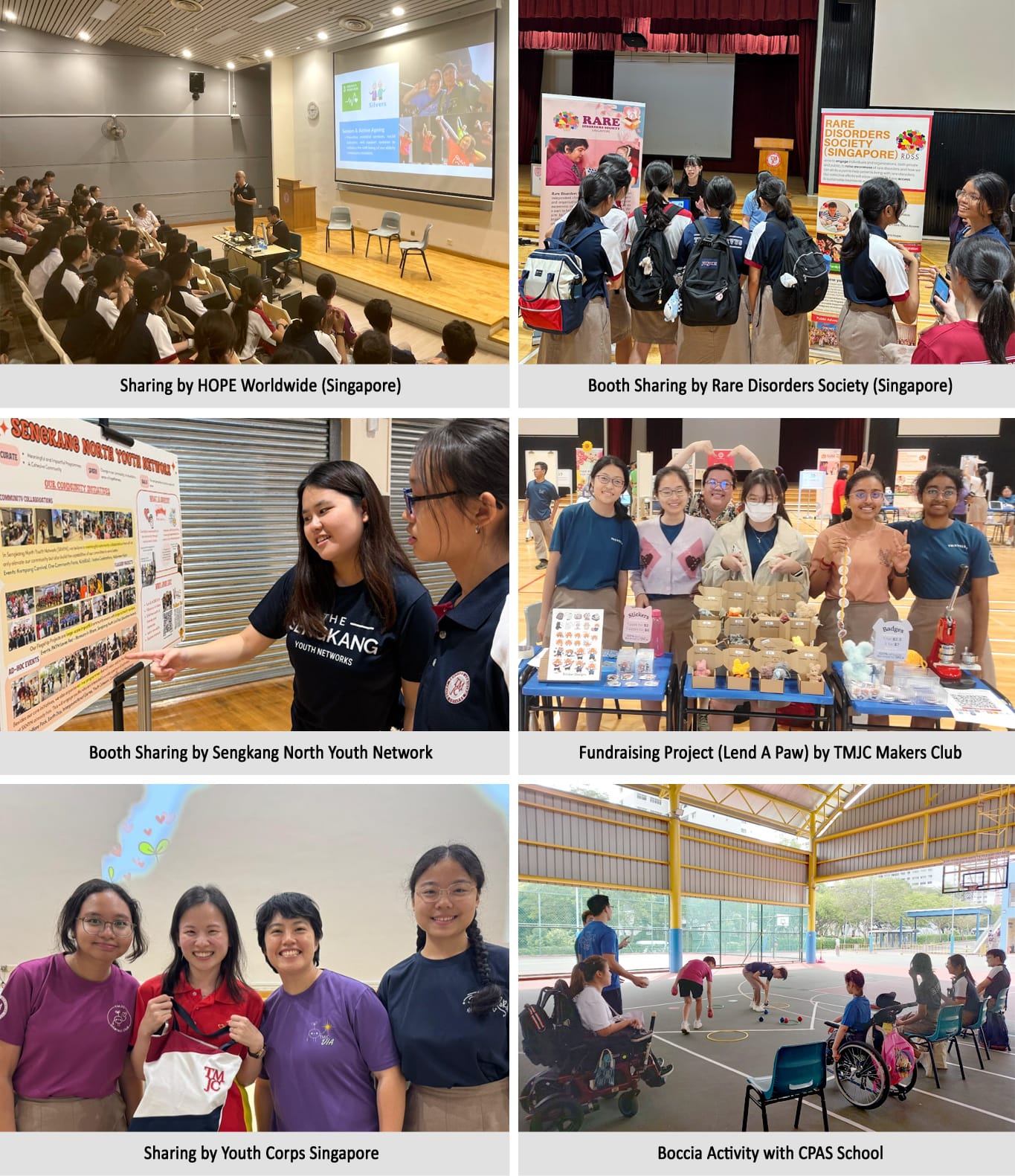 Six photos of youth community events including talks, booths, fundraising, and a boccia activity with wheelchair users.
