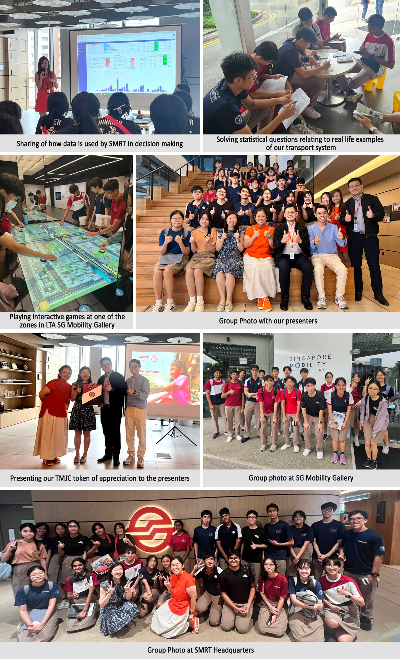 Students visit SMRT and SG Mobility Gallery, attending presentations, interactive games, and taking group photos.