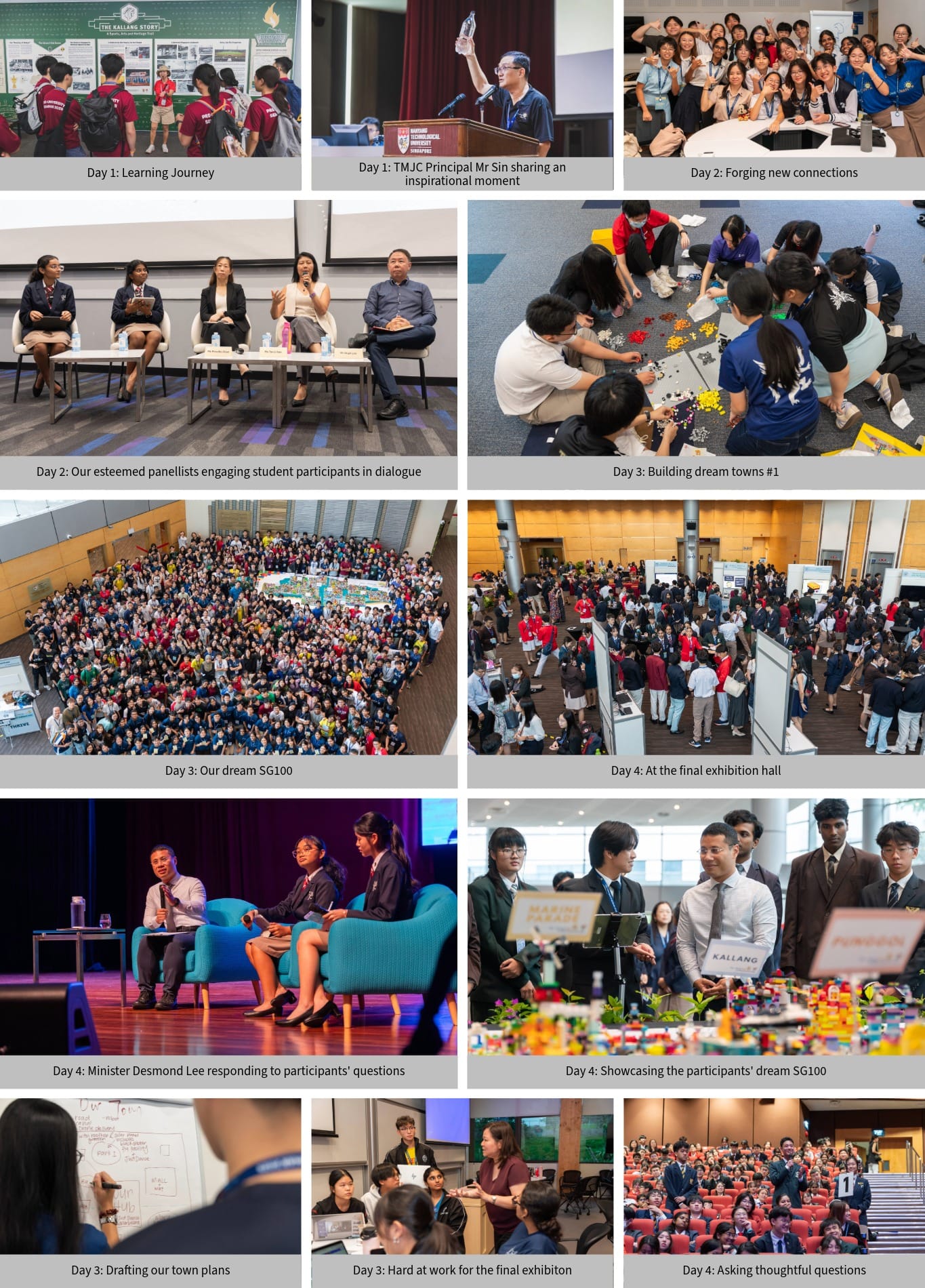 A multi-day student event collage showing learning journeys, panel discussions, town-building activities, and a final exhibition hall.