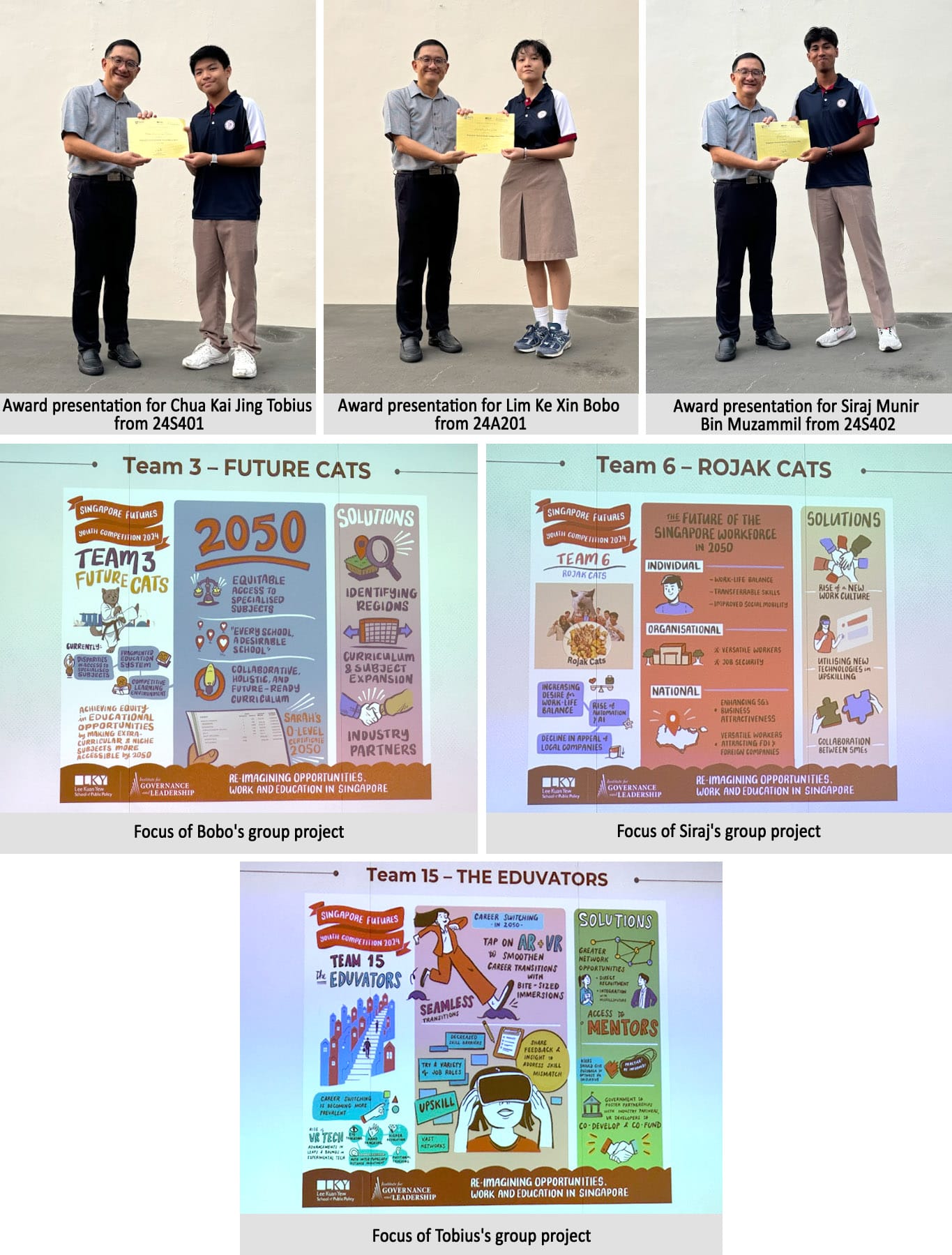 Three award presentations with students and principal, plus three colorful project posters on Singapore's future workforce.