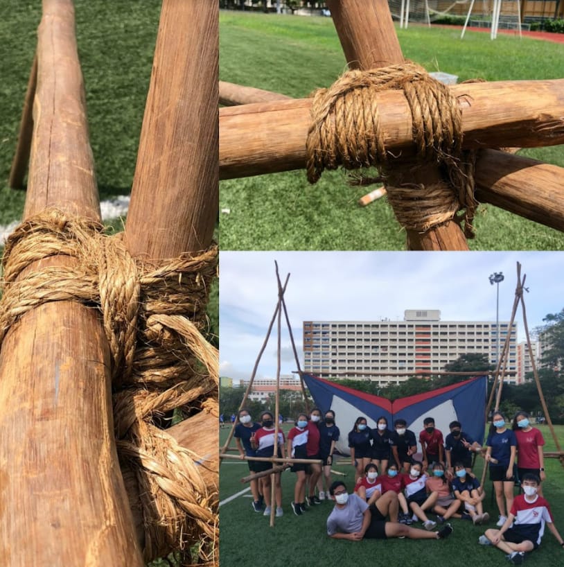 Students in masks pose by a rope-lashed wooden pole structure on a field, with close-ups of rope knots on poles.