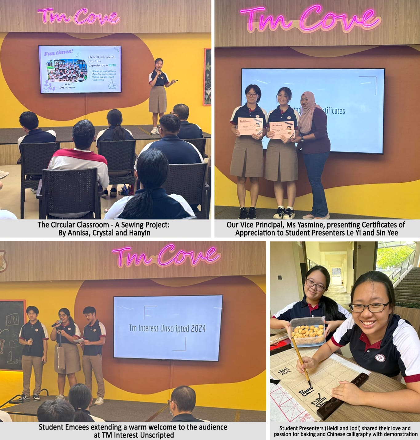 Four school event photos showing student presentations, certificate giving, emceeing, and calligraphy at TM Cove.