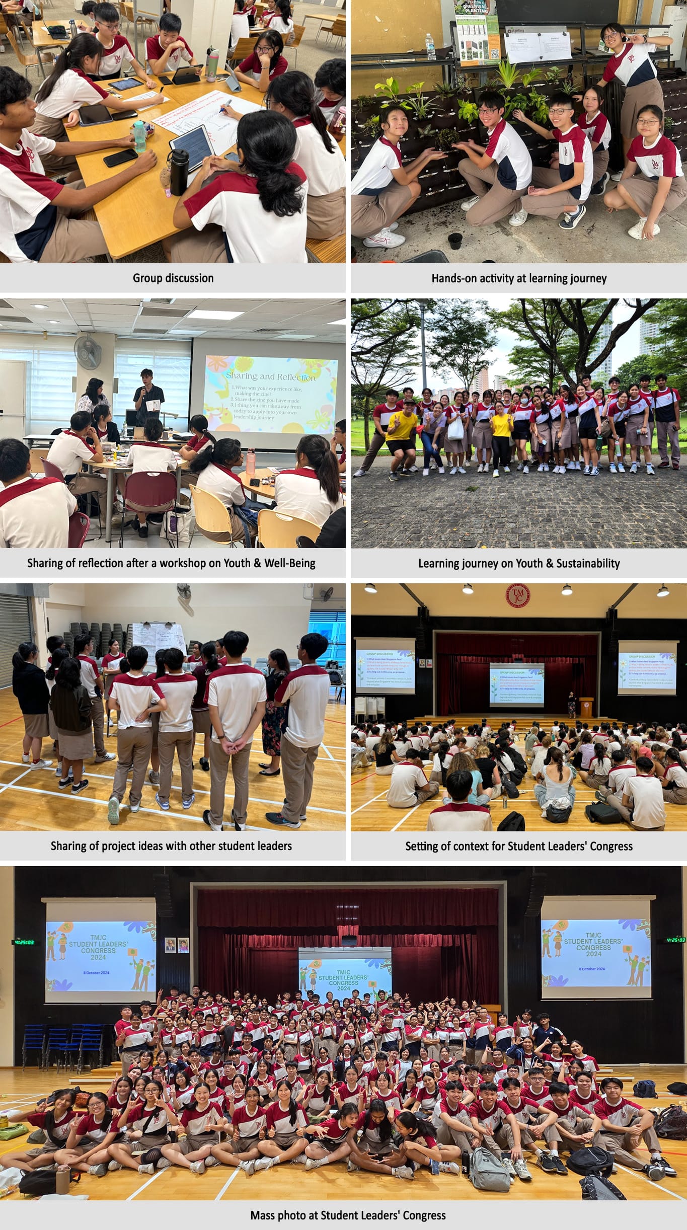 Seven photos from a Student Leaders' Congress showing group discussions, outdoor activities, workshops, and a large group photo.