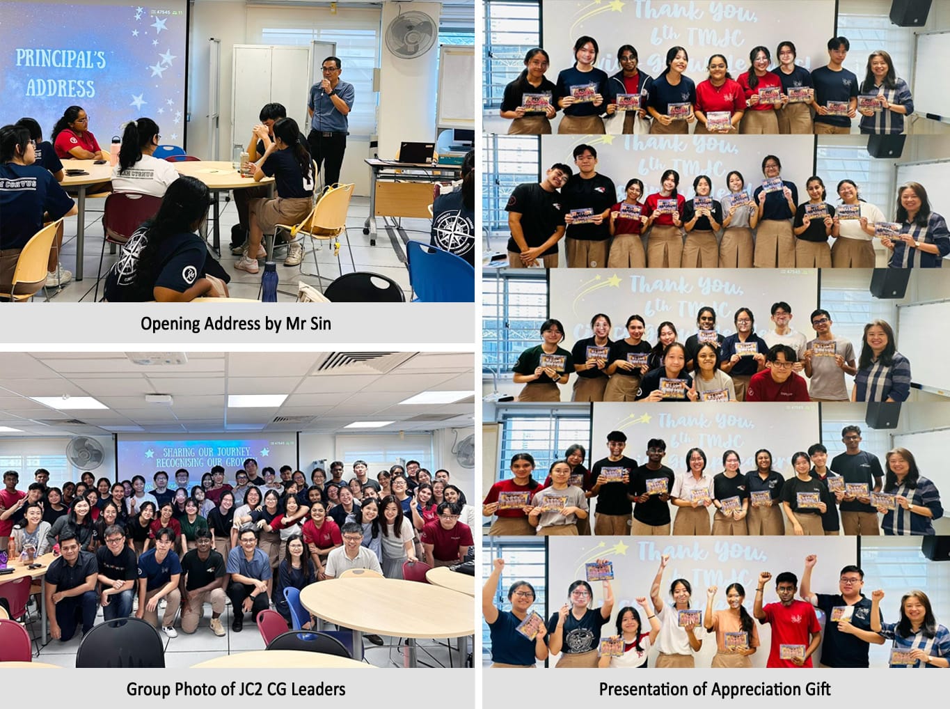 Four photos show a principal's address, a large student group photo, and students receiving appreciation gifts.