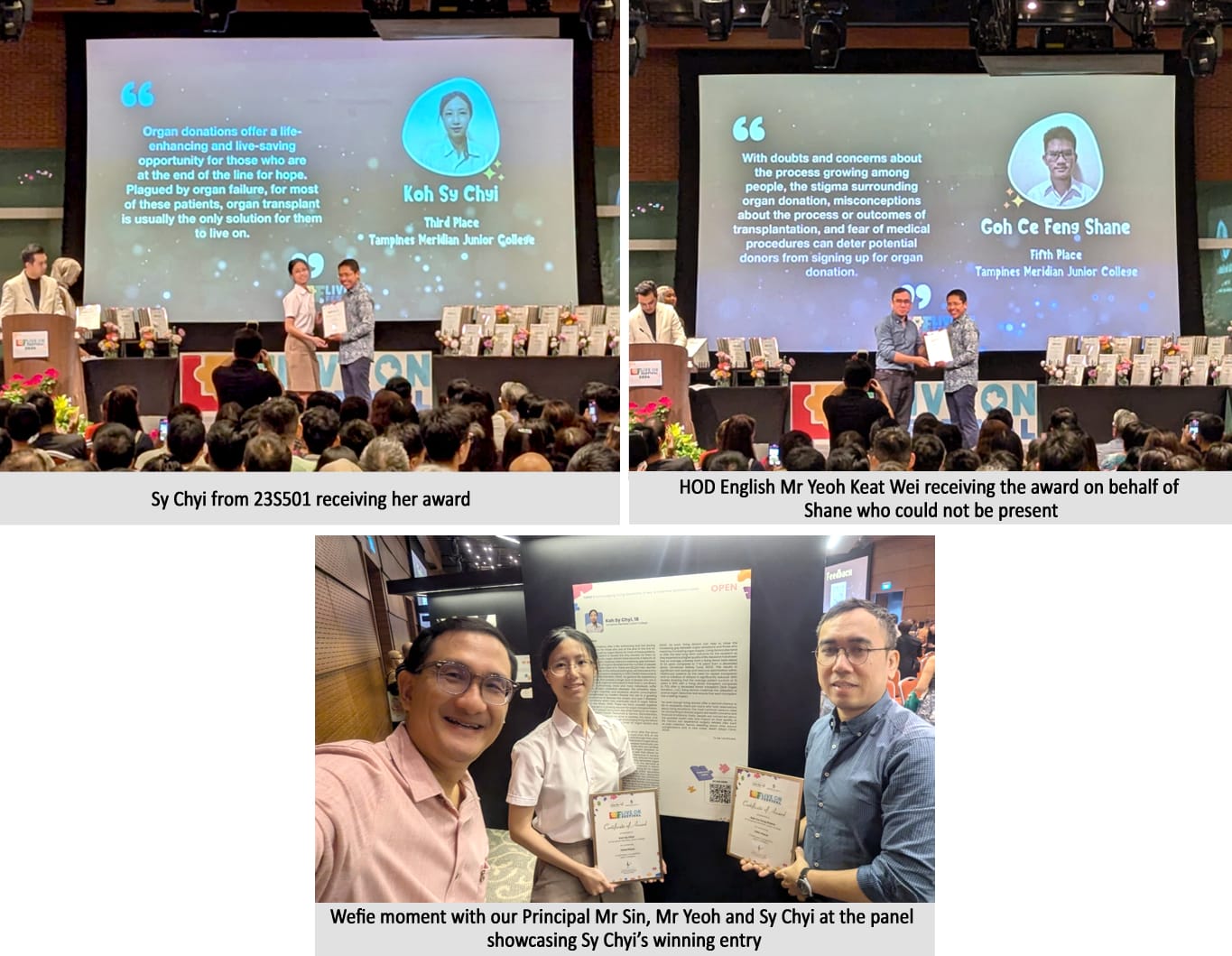 Three photos of award ceremony where HOD English Mr Yeoh Keat Wei and student Sy Chyi receive certificates on stage and pose with certificates near a display panel.