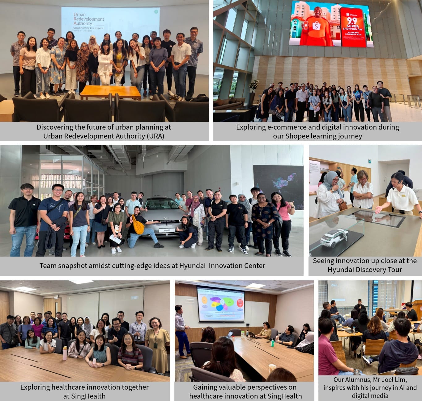 Seven group photos from learning journeys at URA, Shopee, Hyundai Innovation Center, and SingHealth events.
