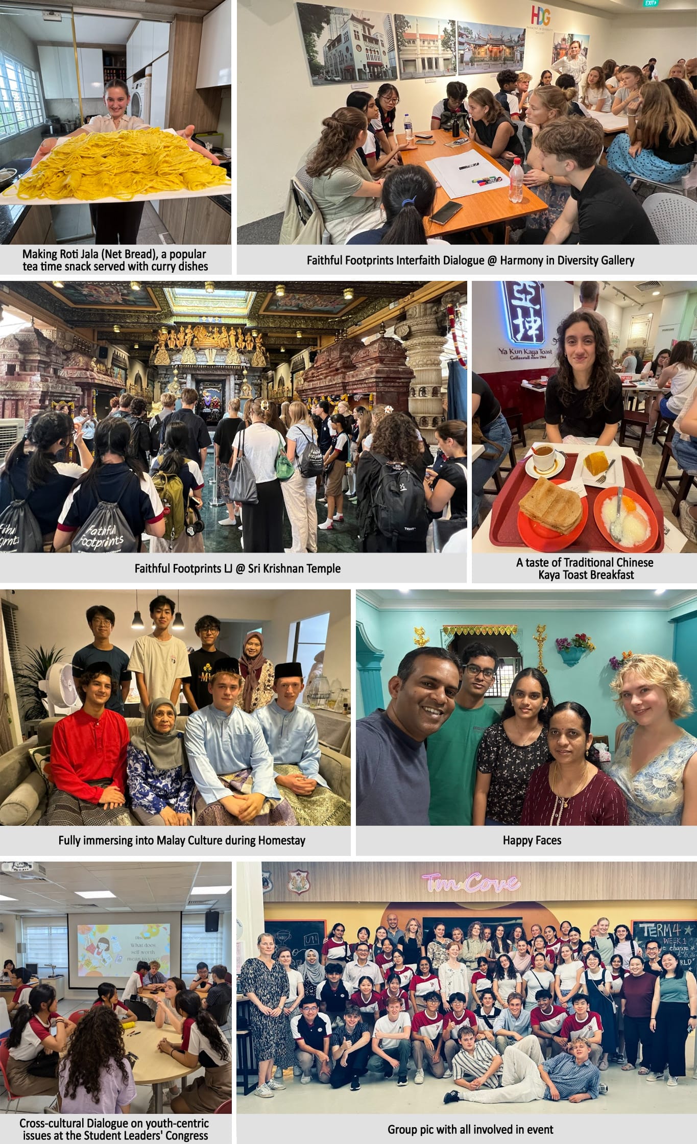 Collage of cultural exchange activities in Singapore including temple visits, traditional food, homestay, and group photos.