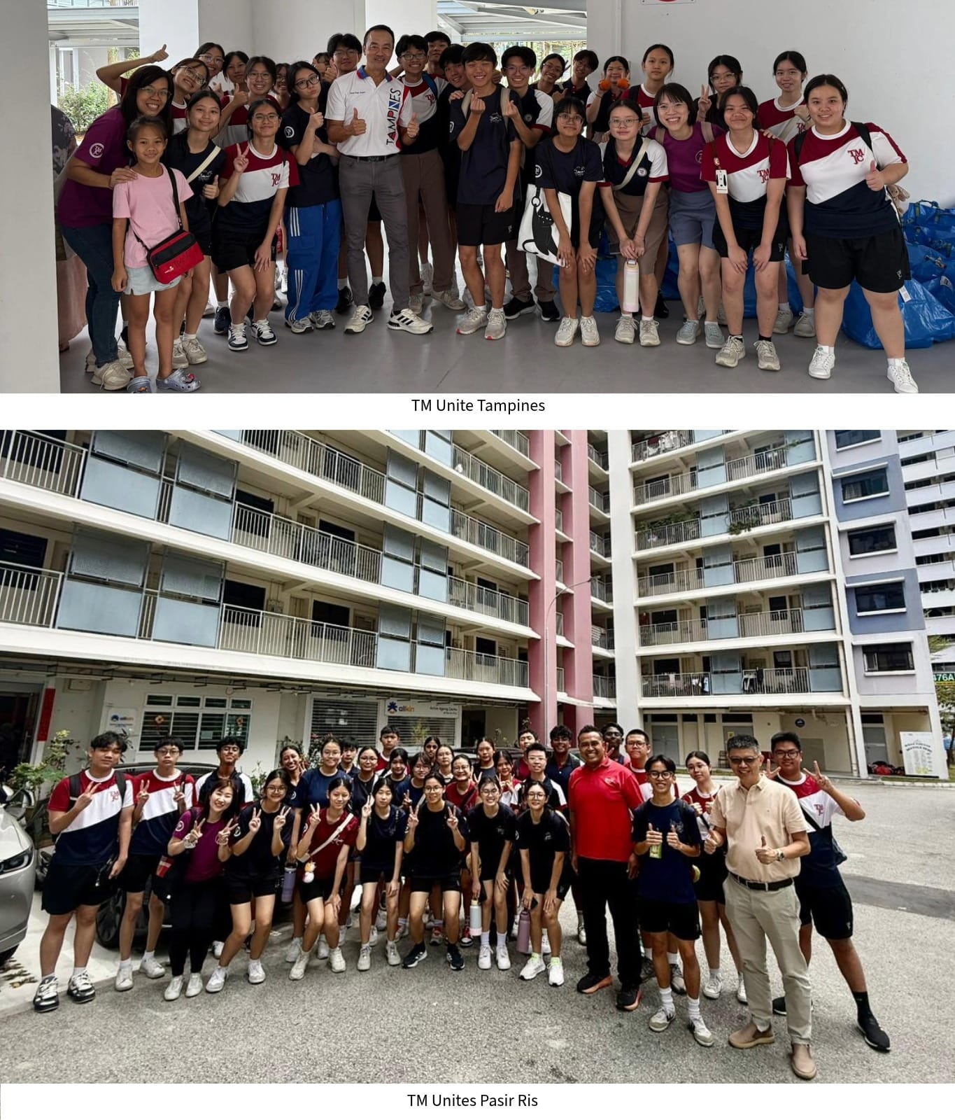 Two group photos of students and adults posing outdoors, labeled TM Unite Tampines and TM Unites Pasir Ris.