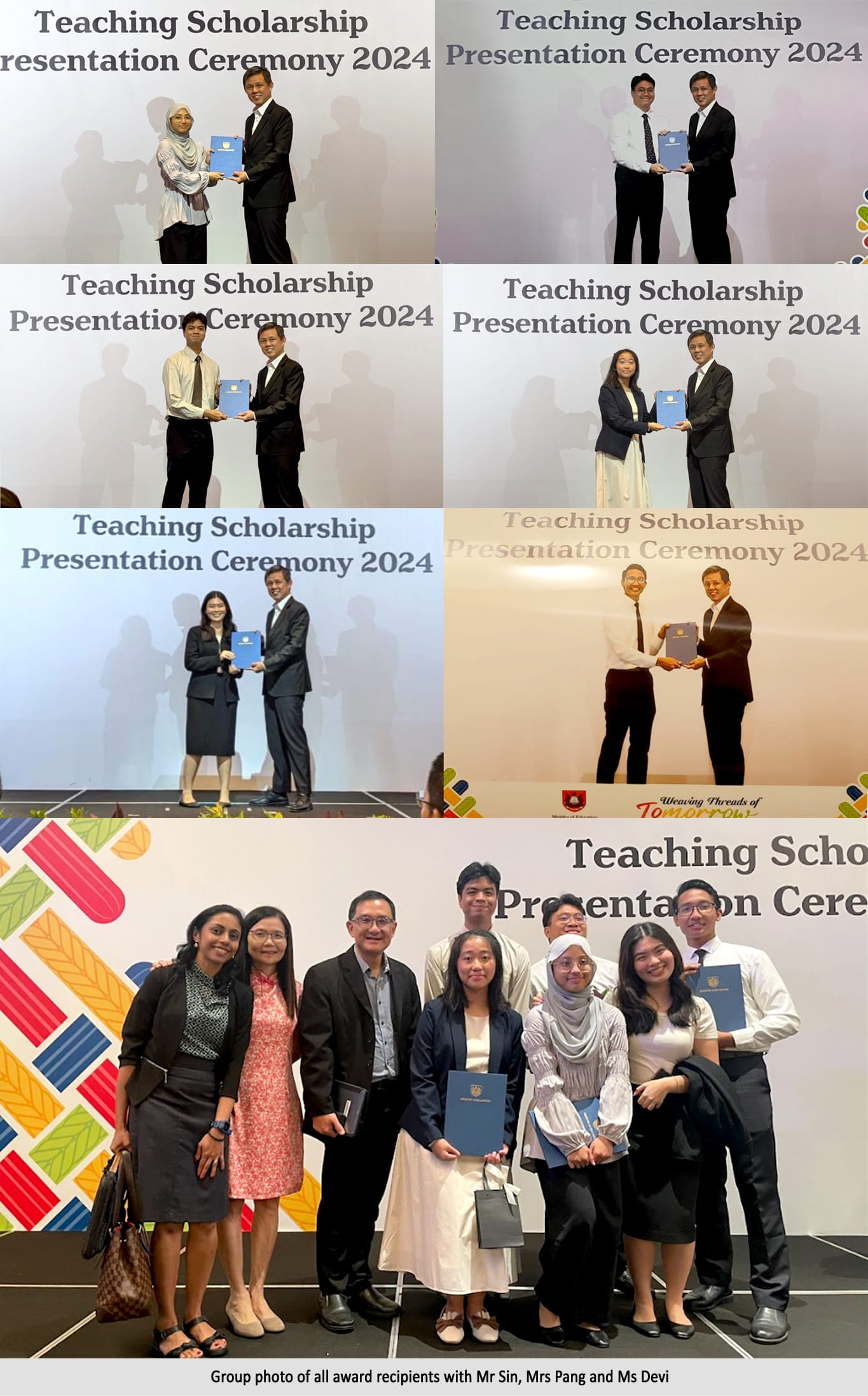 Six recipients receive the MOE Teaching Award at the 2024 Teaching Scholarship Presentation Ceremony, with a group photo at the bottom.