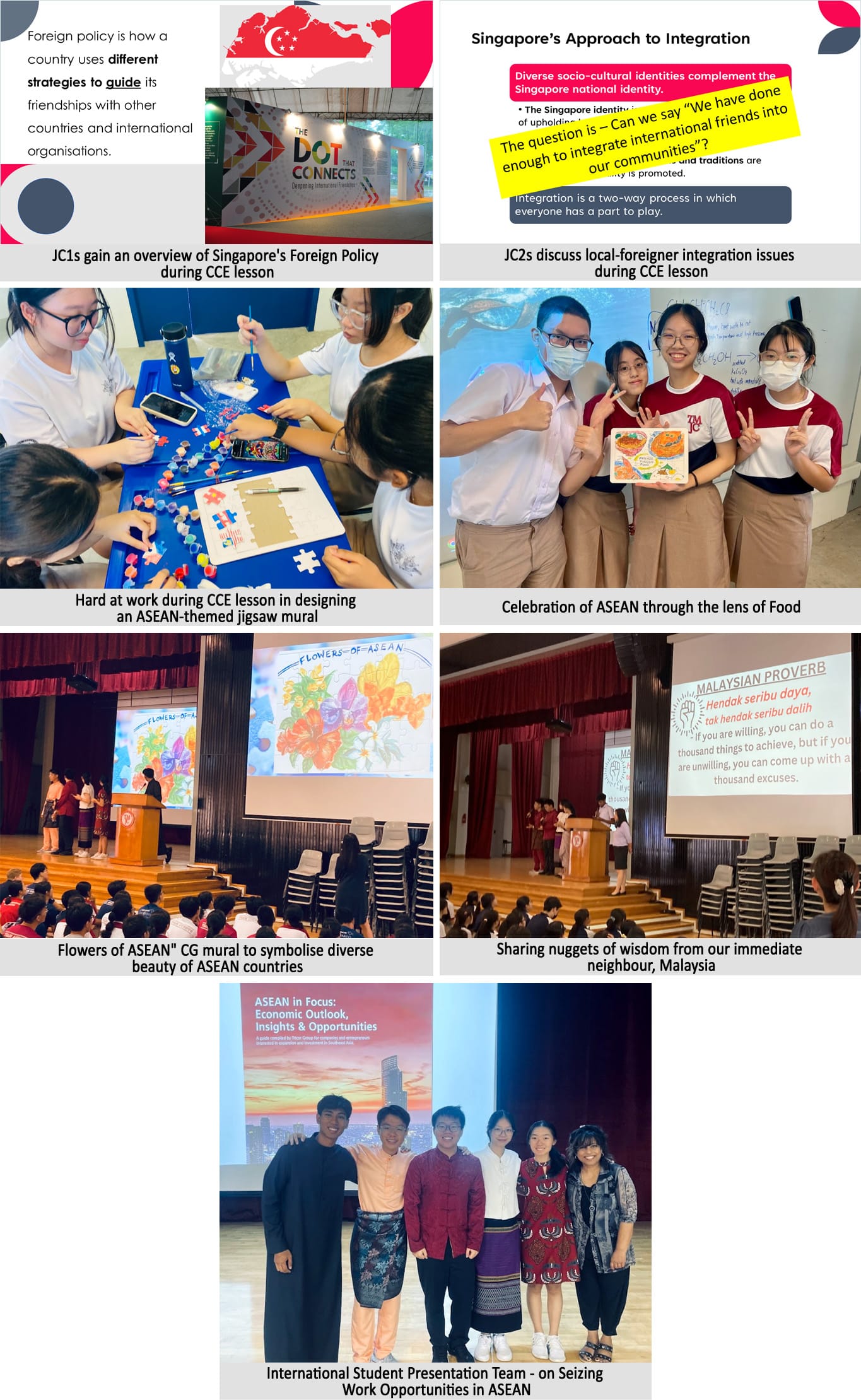 A collage of students in Singapore learning about ASEAN and foreign policy through lessons, murals, and presentations.