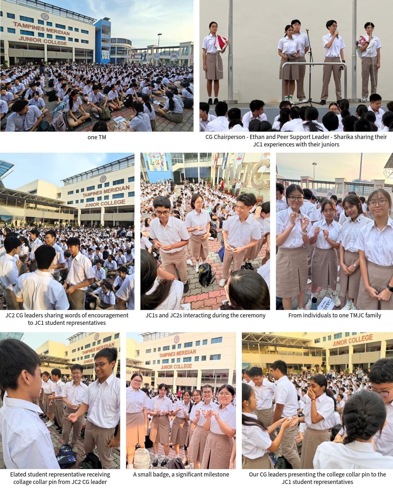 Students in white uniforms gather outdoors at Tampines Meridian Junior College for an orientation ceremony with leaders sharing badges.
