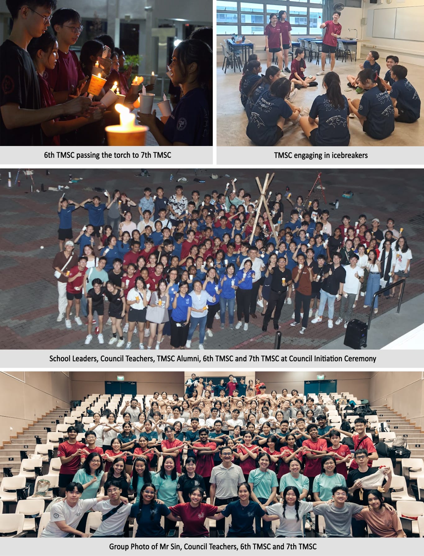 Four photos showing TMSC council events: candle ceremony, icebreakers, outdoor group photo, and auditorium group photo.