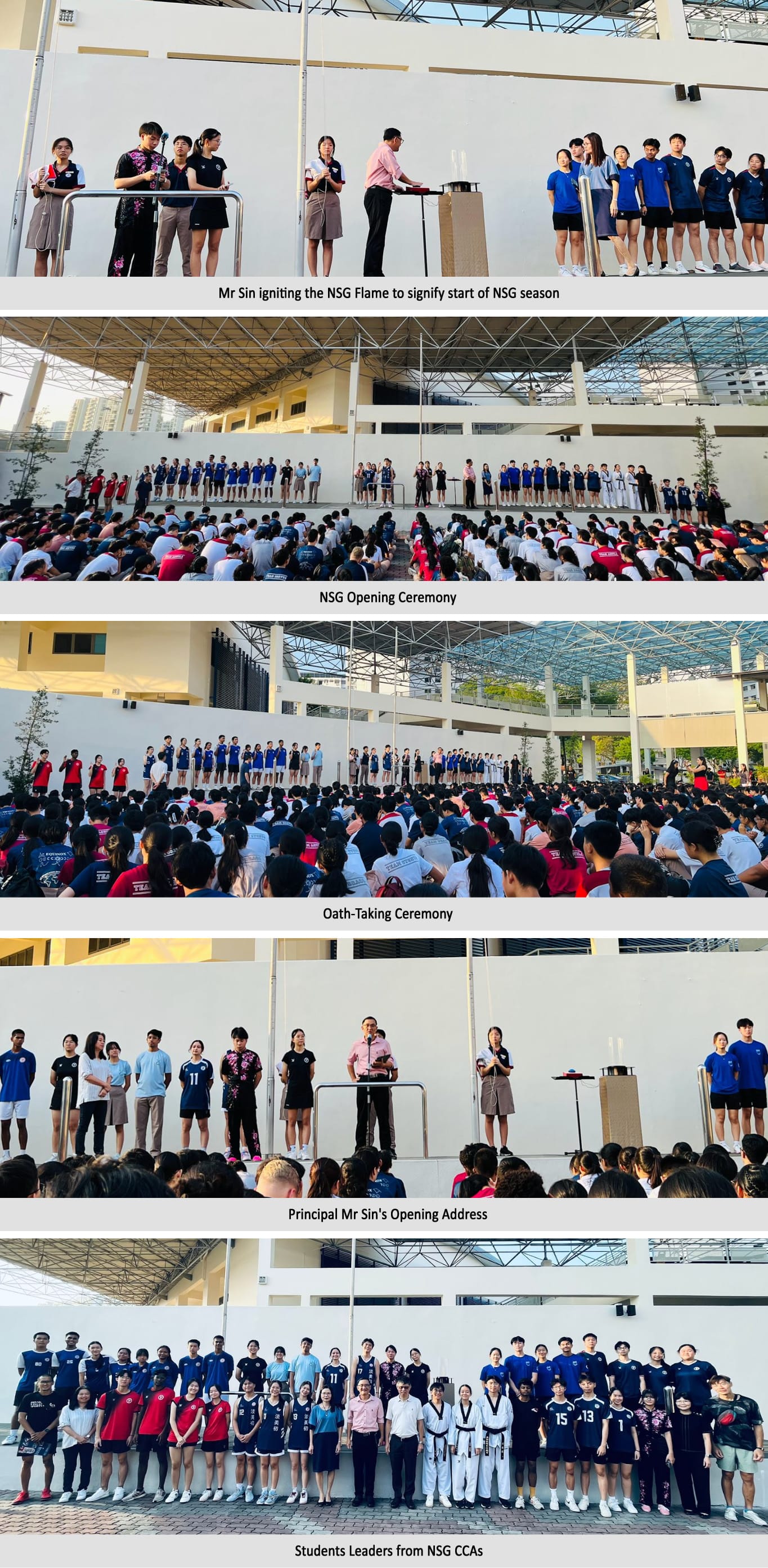 Five photos from an NSG Opening Ceremony showing flame lighting, oath-taking, principal's address, and student CCA leaders.