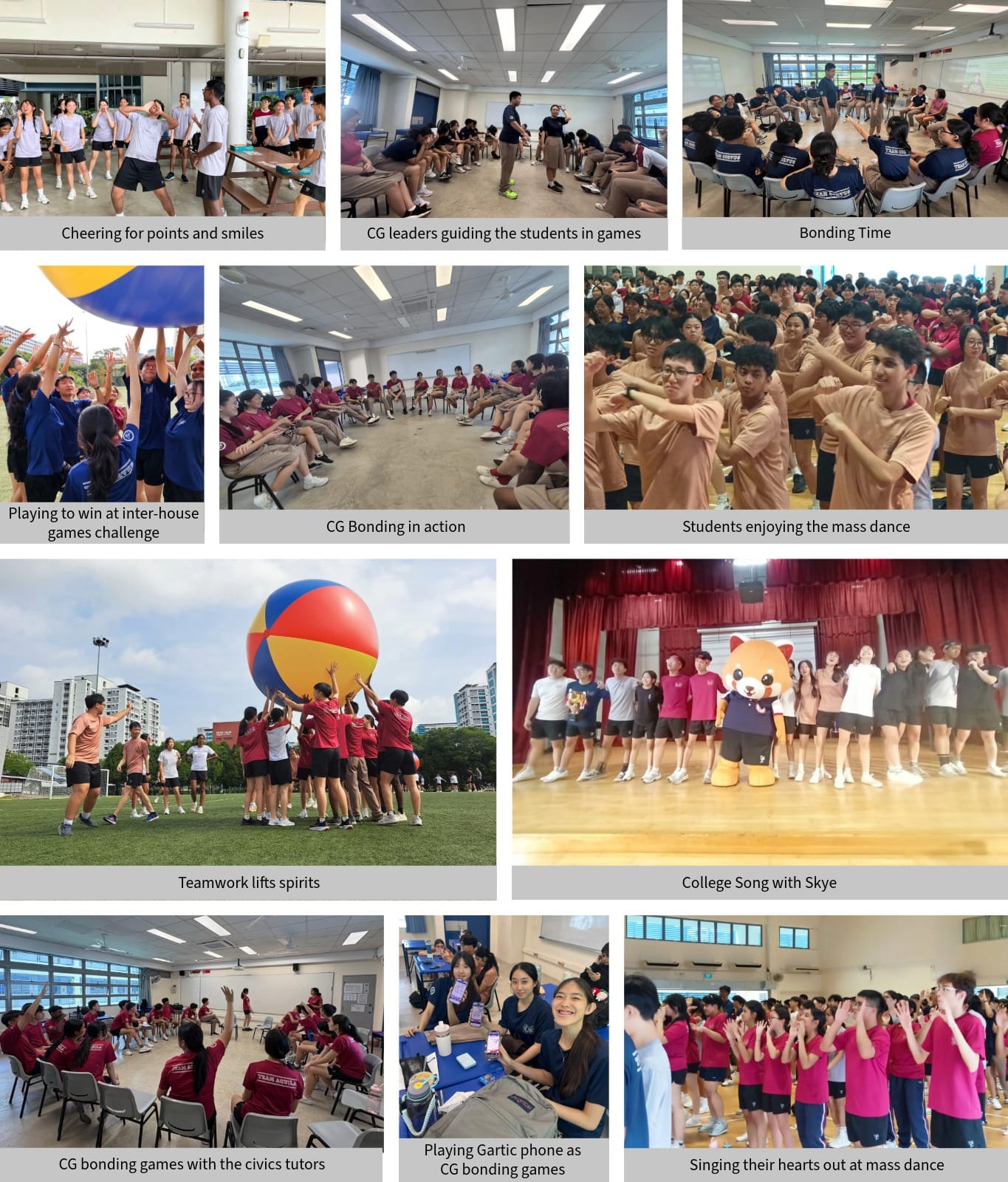 Nine photos of school students doing group activities including outdoor games, indoor bonding sessions, and a mass dance with a mascot.