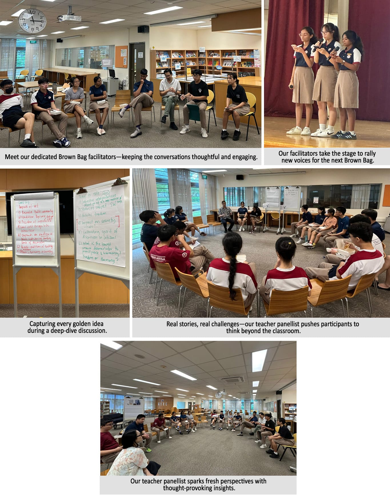 Teachers and students in school uniforms participate in group discussions in a library, with notes on a whiteboard.