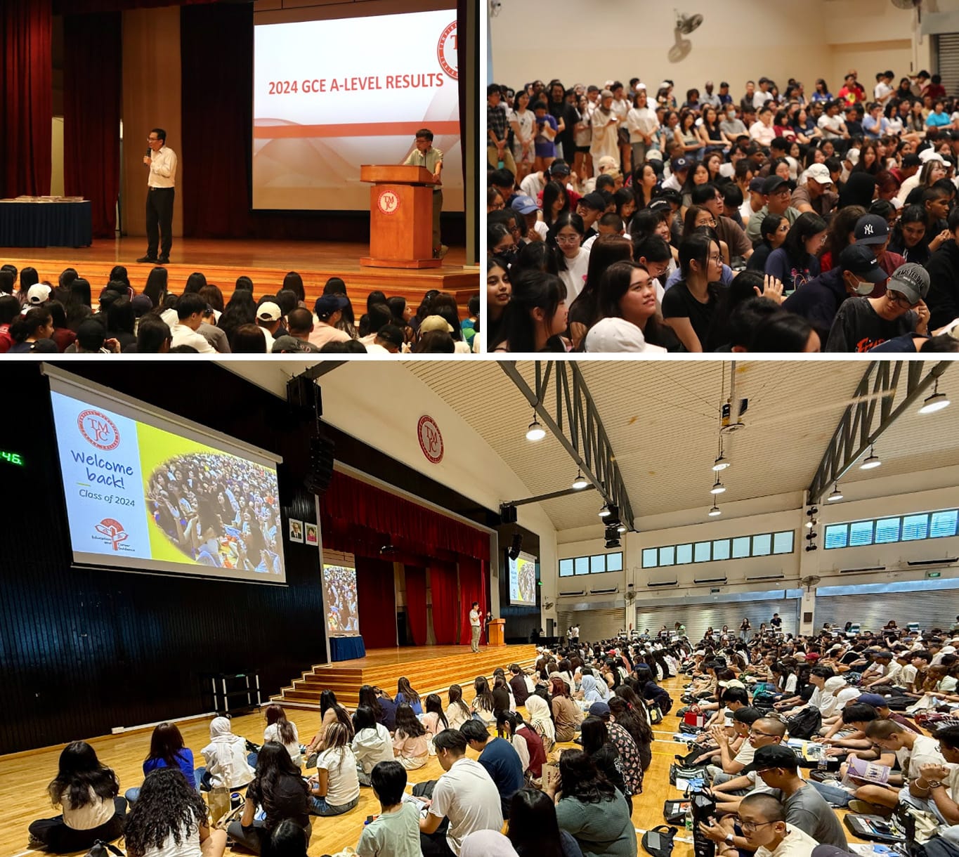 Three photos of a large student assembly for 2024 GCE A-Level Results, with crowds seated in a hall.
