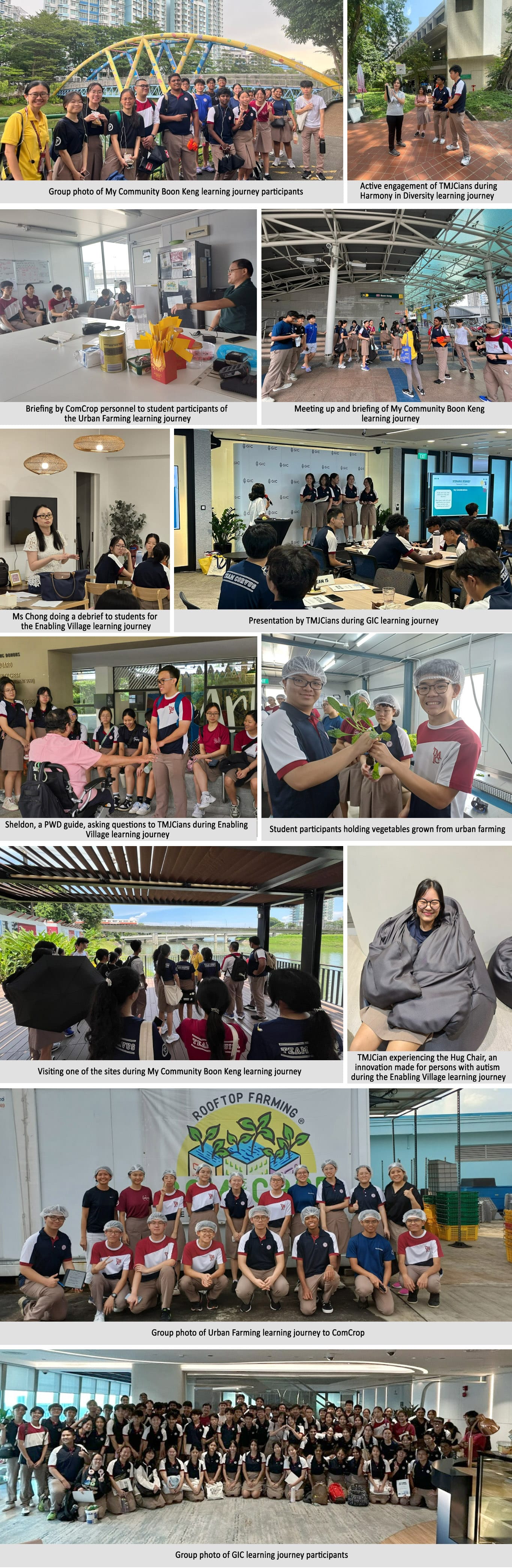 Collage of student learning journey photos showing group visits, presentations, urban farming, and community engagement activities.