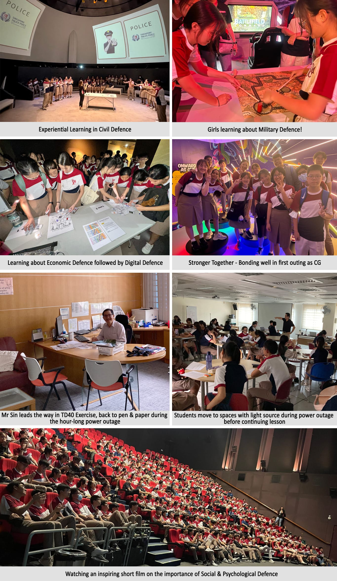 A collage of seven school photos showing students in defence education activities, group bonding, and an auditorium screening.