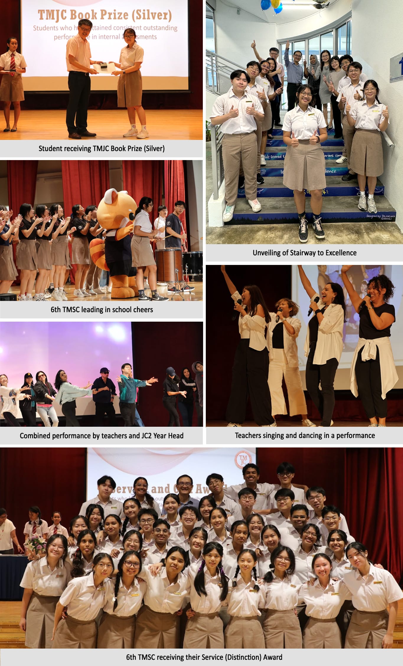 Six school event photos showing award ceremonies, student cheers, teacher performances, and group photos at TMJC.