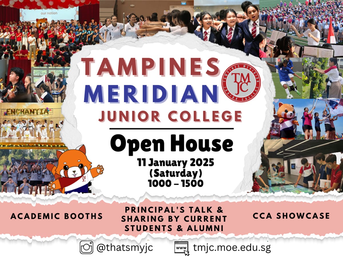 Tampines Meridian Junior College Open House flyer for 11 January 2025, Saturday, 1000 to 1500.