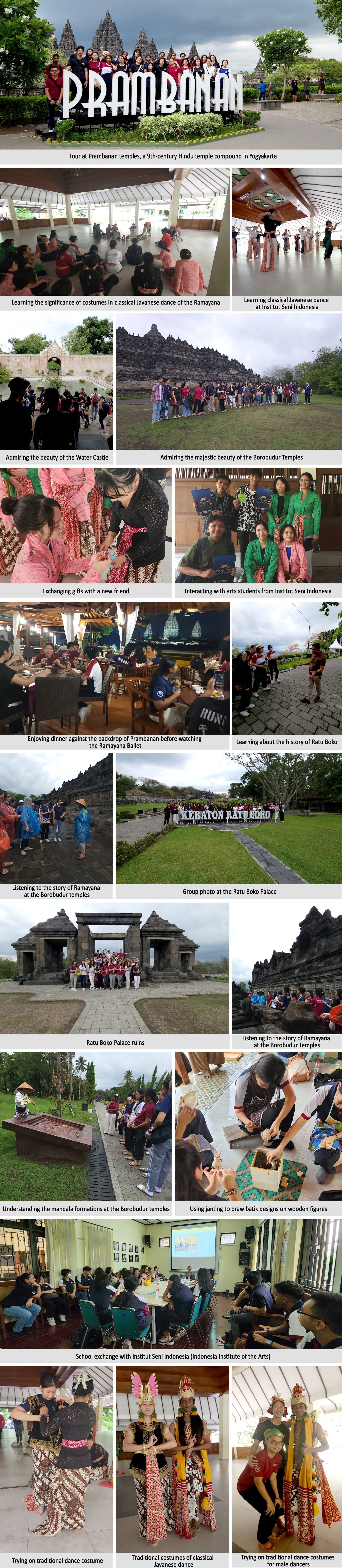 Photo collage of a group tour in Yogyakarta, Indonesia, visiting Prambanan temples, Borobudur temples, and learning Javanese dance and batik.