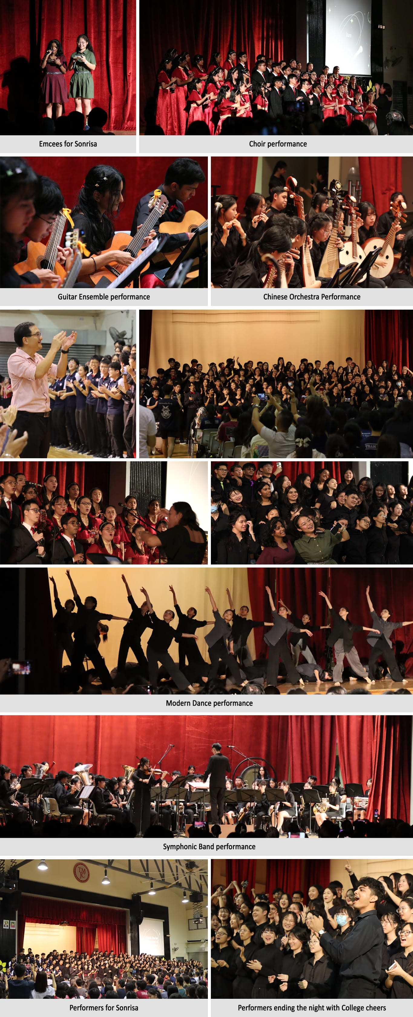Collage of school concert performances including choir, guitar ensemble, Chinese orchestra, modern dance, and symphonic band.