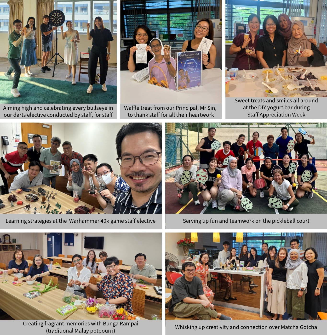 Seven photos of staff team-building activities including darts, waffles, yogurt bar, Warhammer, pickleball, and matcha making.