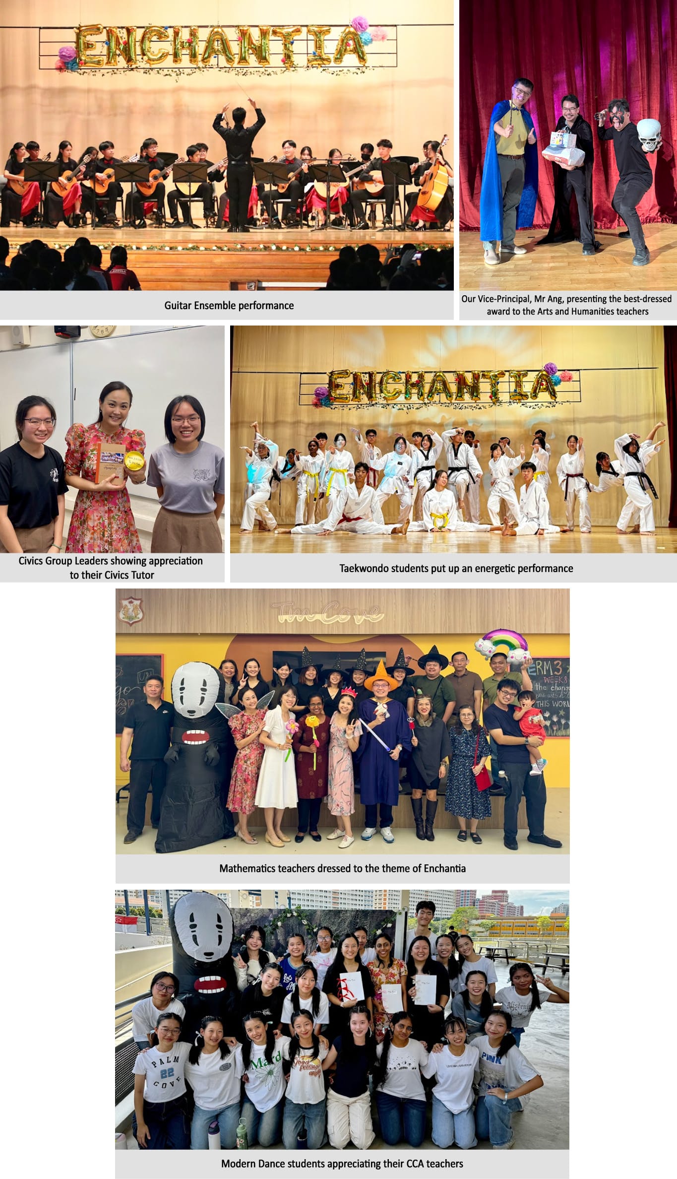 Five photos from an Enchantia school event showing guitar ensemble, taekwondo, costumed teachers, and student group photos.