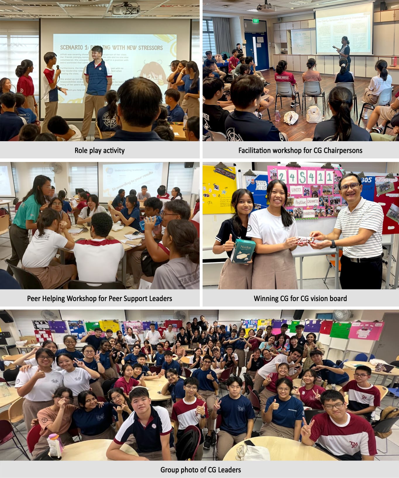 Five photos showing school students in workshops, role play, a vision board award, and a large group photo of CG Leaders.