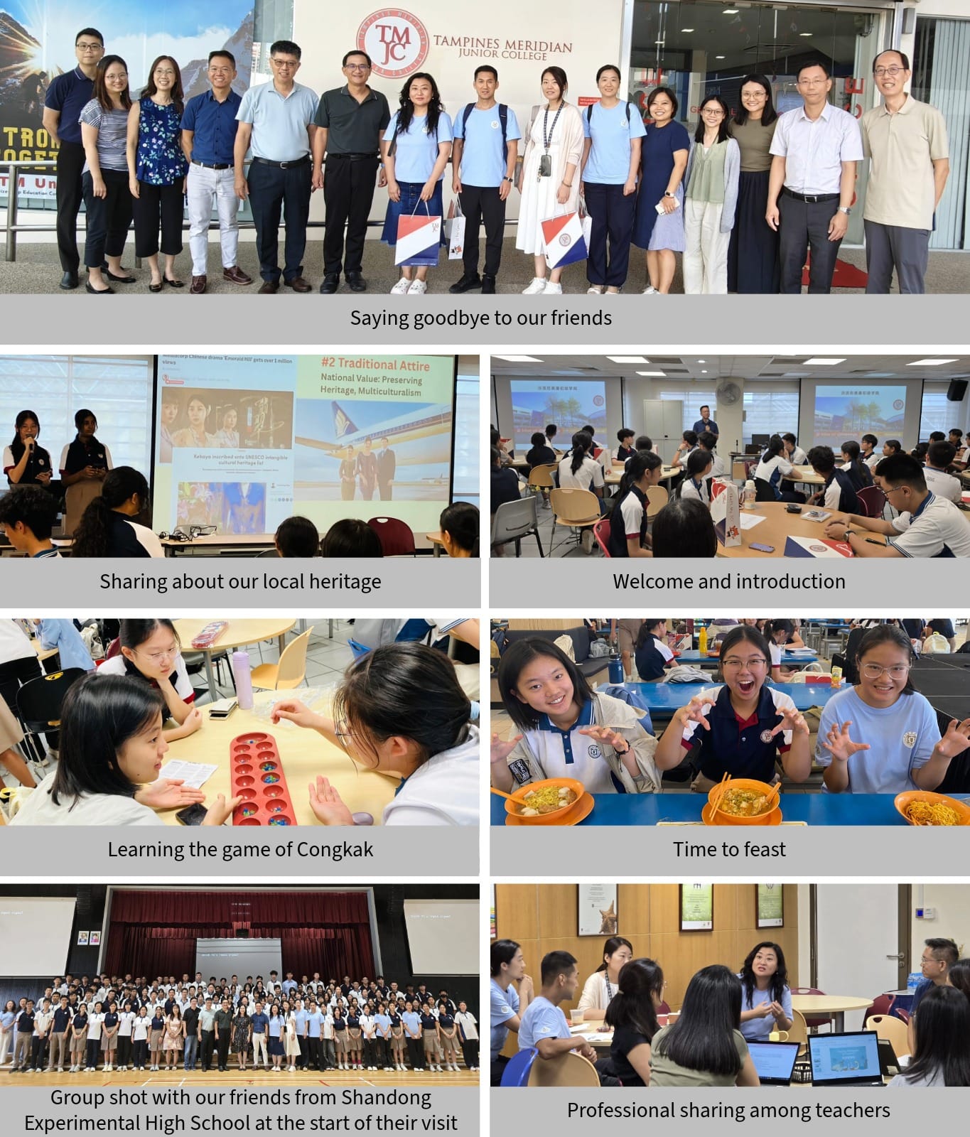 Seven-panel collage showing students and teachers at Tampines Meridian Junior College during a cultural exchange visit.