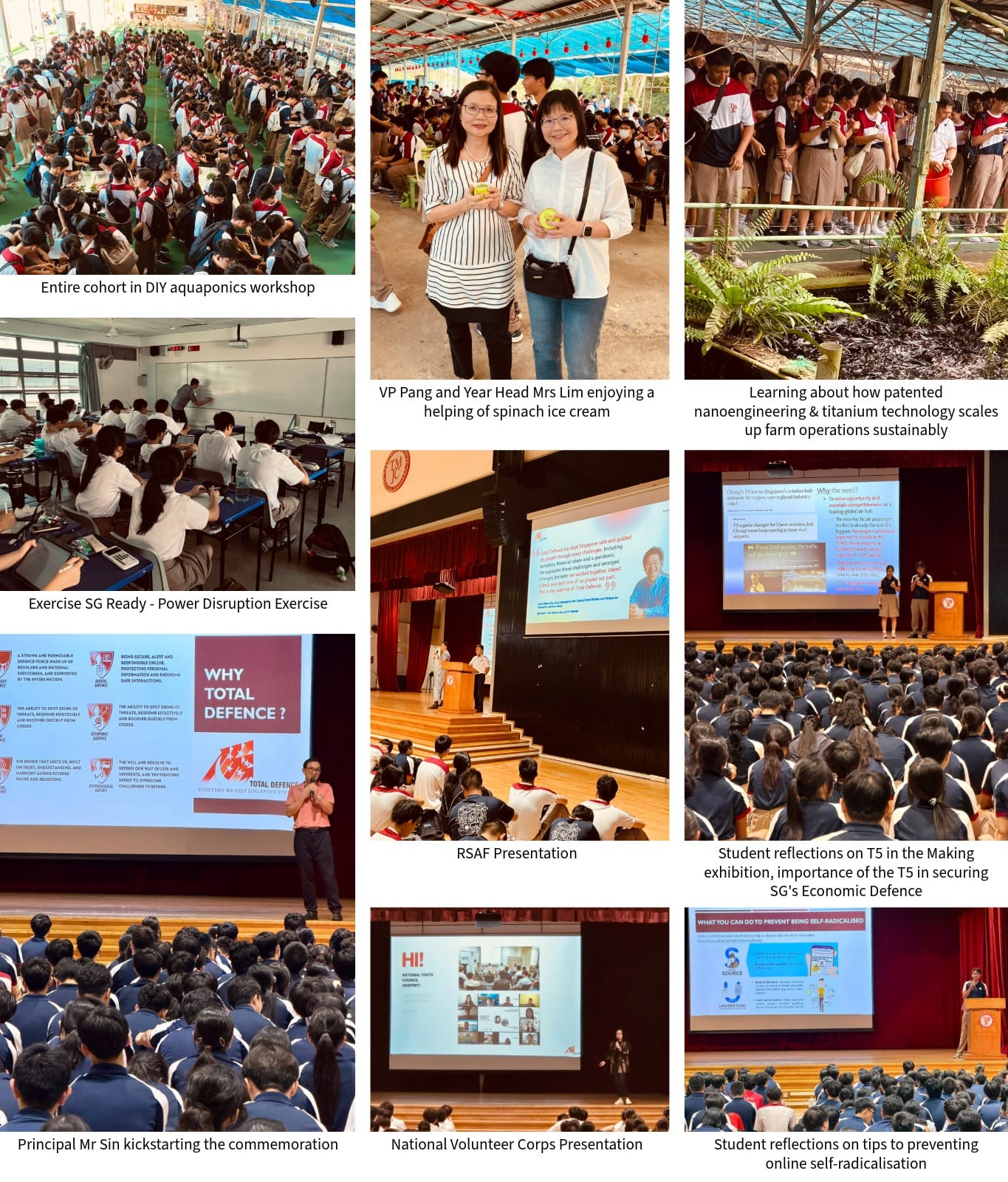 Collage of school events including workshops, presentations, and student activities in a Singapore secondary school.